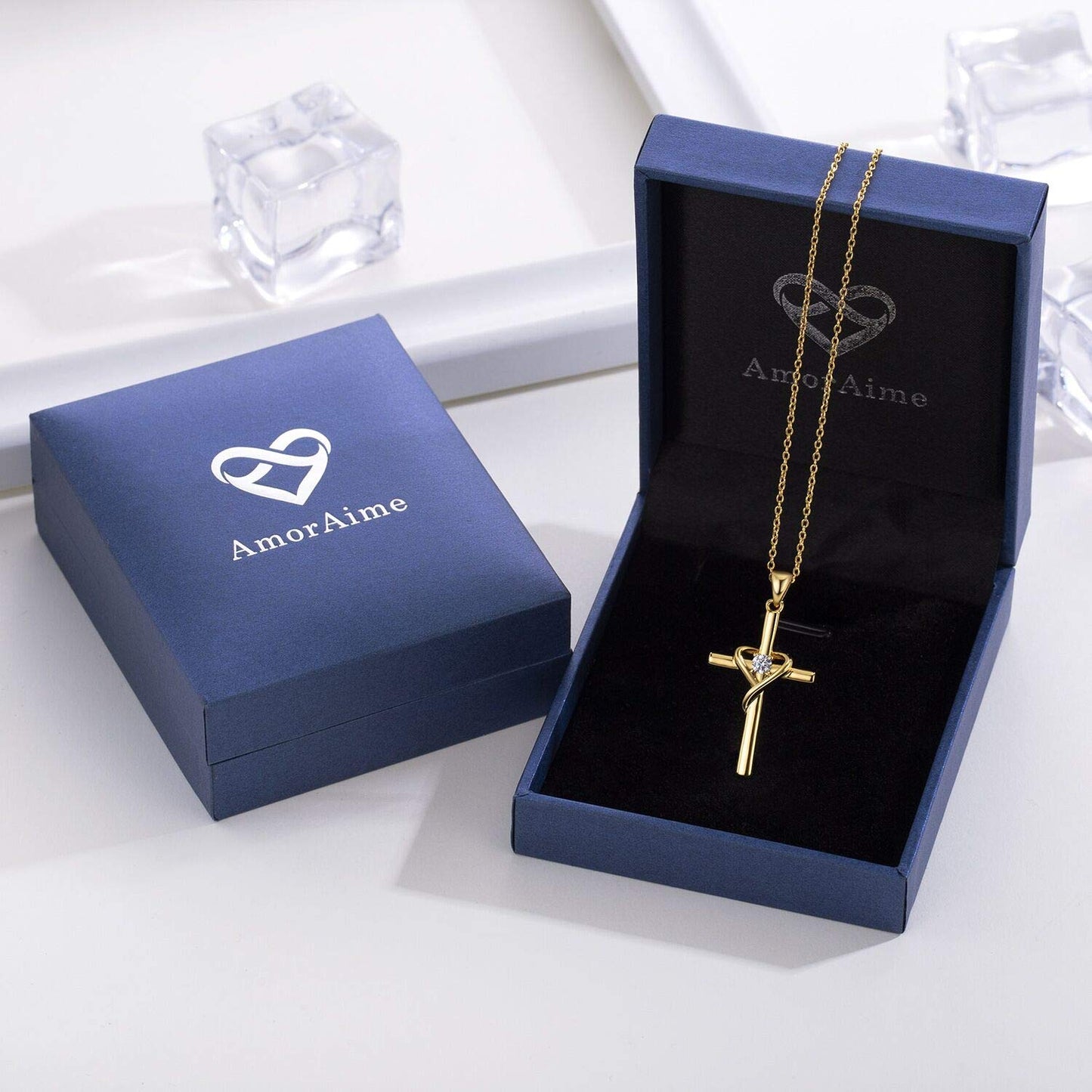 AmorAime 925 Sterling Silver Cross Necklace for Women Men 14K Gold Plated 5A CZ Birthstone Necklaces for Holiday (Z-Gold)