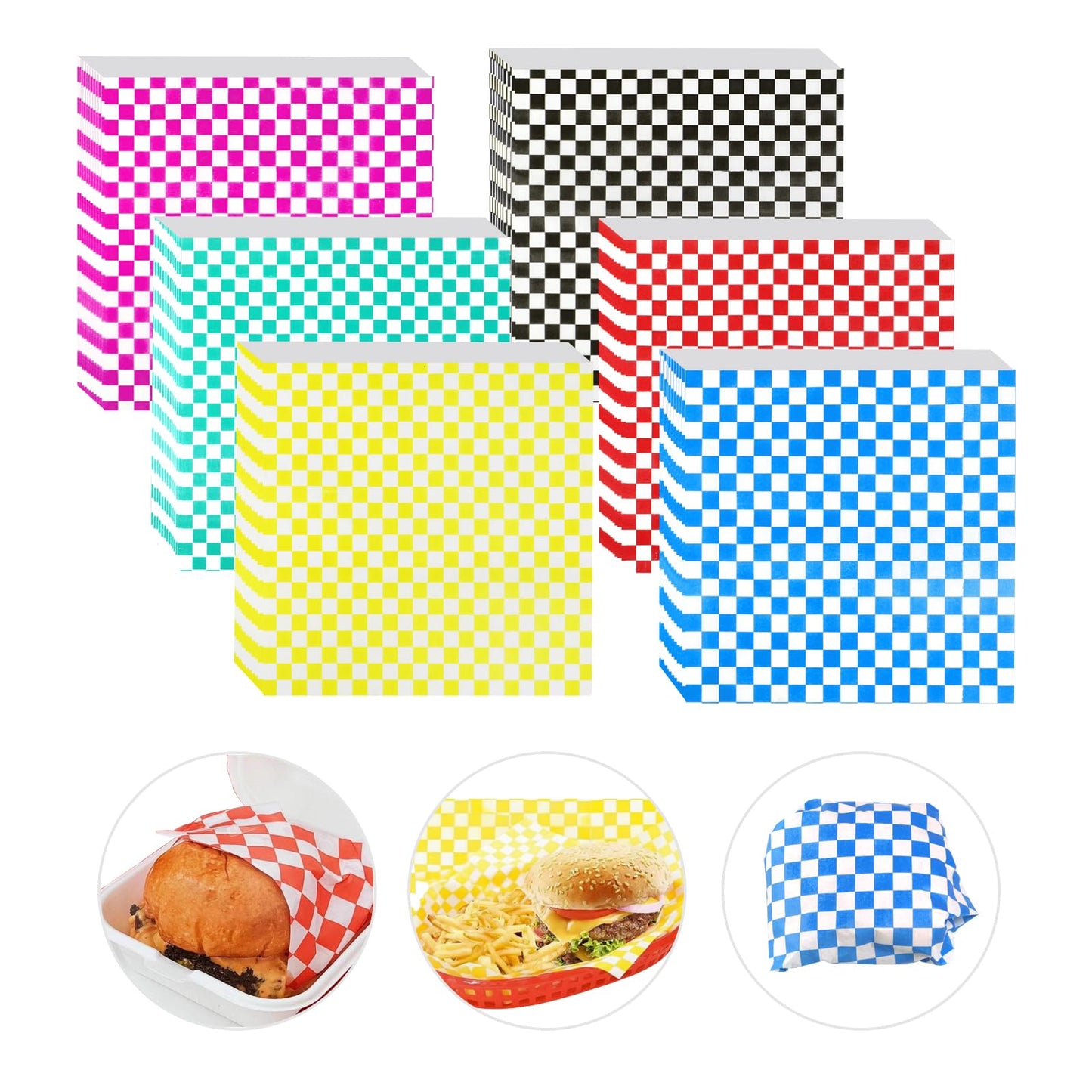 240 Pcs Food Basket Liners 12x12 inch Wax Paper Deli Paper Sheets Grease Proof Sandwich Wrapping 6 colors Checkered for Bread Burger Fast Food Home Kitchen and Party