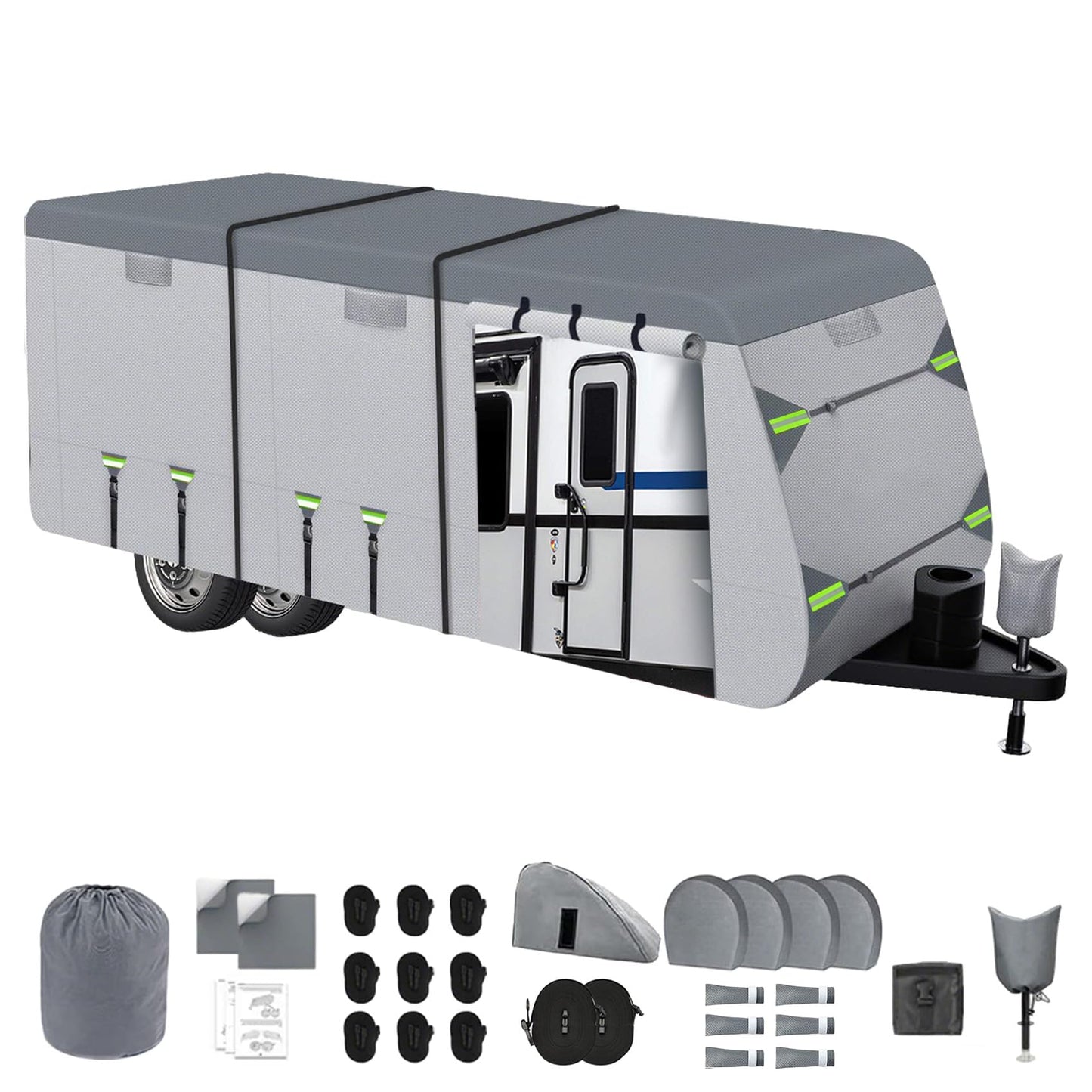 2026 RV Cover Fits 27-30ft Travel Trailer, Lightweight Waterproof Camper Cover with Tire Covers, Tongne Jack Caps, Windproof Straps Winter Campsite,All-Weather Protection