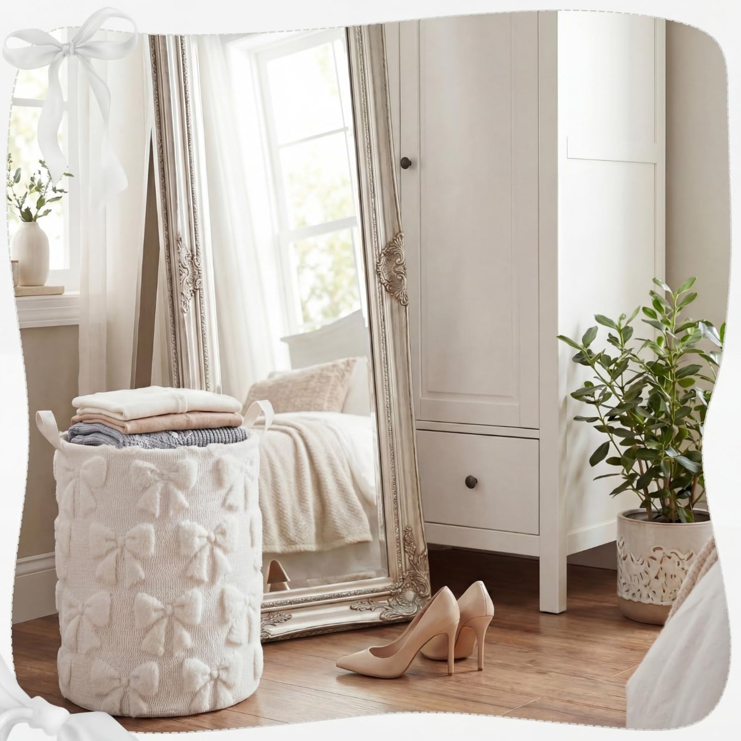 Blushtier White Bow Laundry Hamper Girls Room Decor Coquette White Bow Plush Faux Fur Basket Kids Large Storage Basket Collapsible Organize Bins for Gifts Toys Blanket Clothes Nursery Bedroom