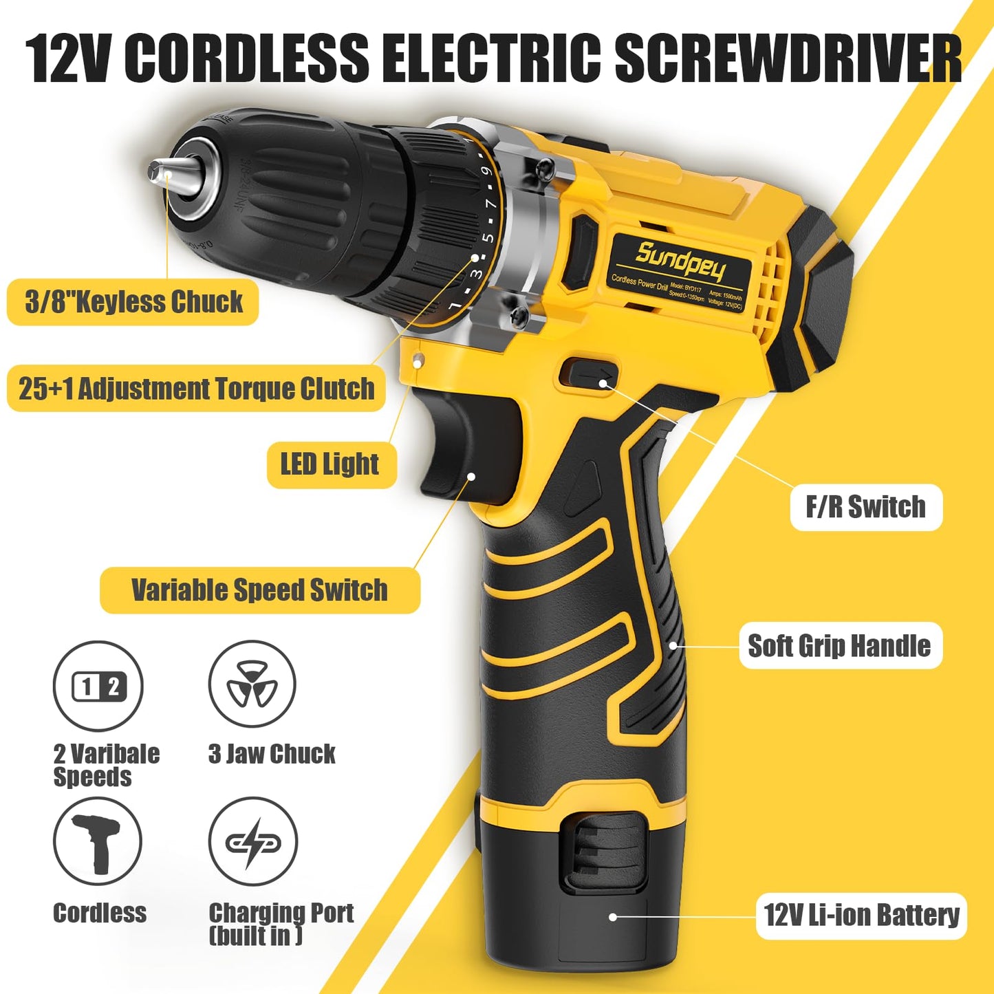 Sundpey Home Tool Kit with Drill - 166-Piece General Basic Home Repair Tool Set with 12V Cordless Power Drill & Battery & Charger & Portable Tool Box for Garden Office House Apartment Repair Men Women
