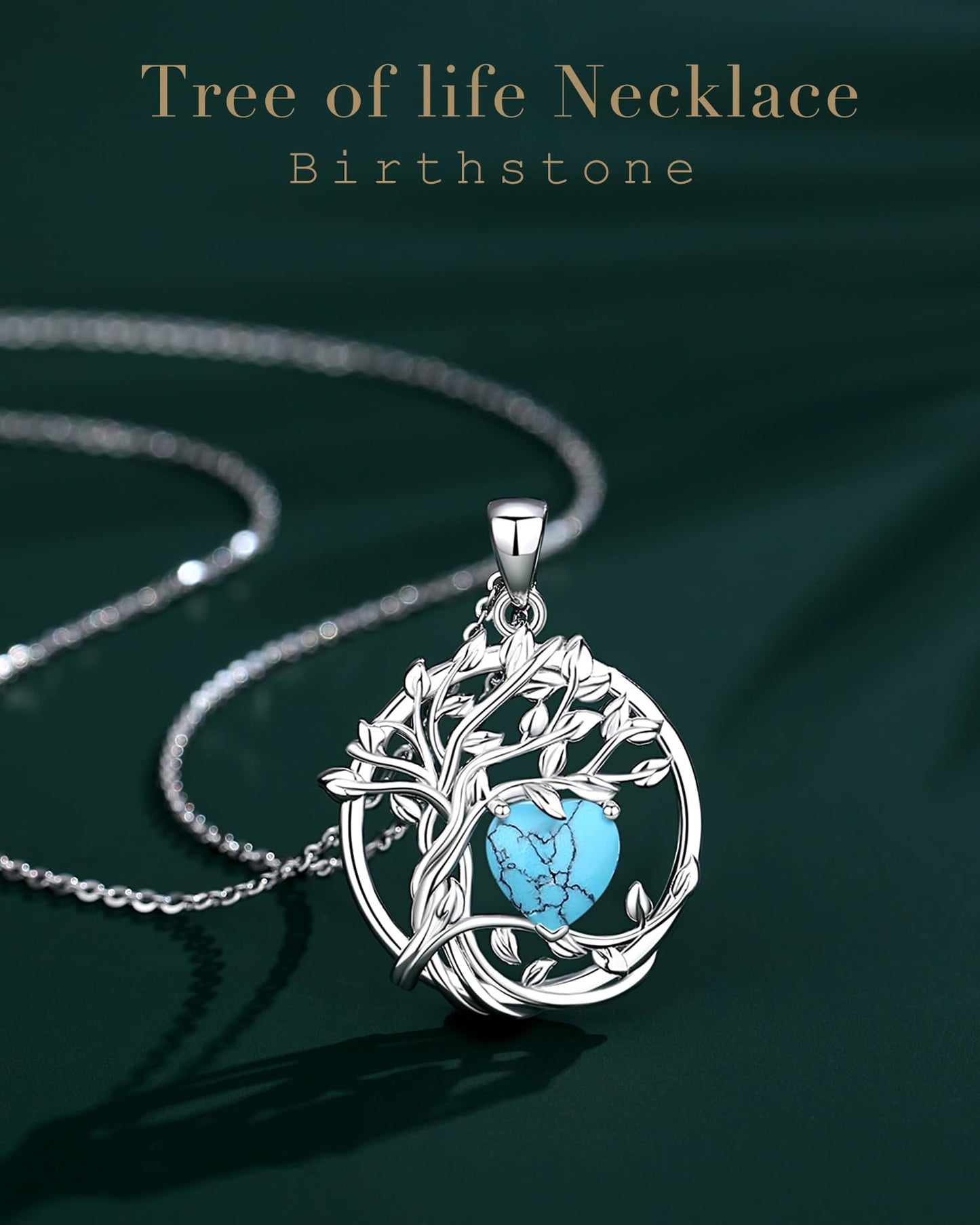 FANCIME Tree of life December Birthstone Necklace for Women Sterling Silver Tree Jewelry Created Turquoise Pendant November Gemstone Anniversary Birthday Christmas Gifts for Wife Mom Her