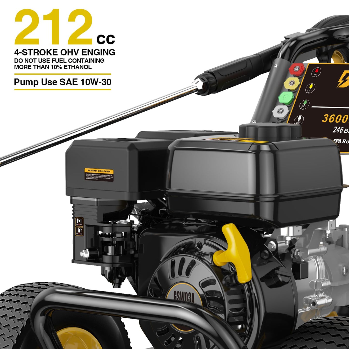 BLUBERY 3600 PSI Gas Pressure Washer, 2.7 GPM Heavy Duty High Power Washer, 30Ft Pressure Hose&Soap Tank,5 Pressure Nozzles,Black