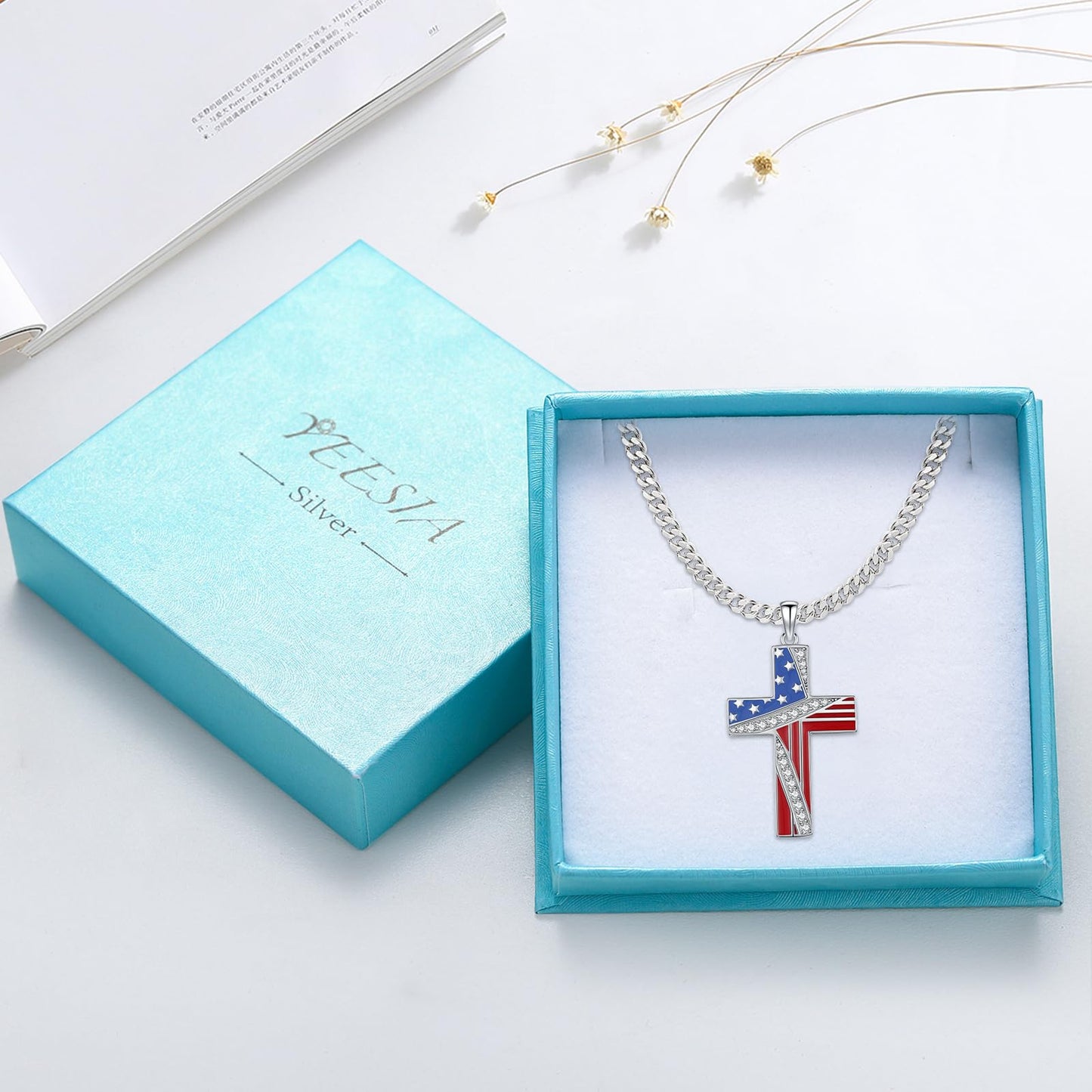 YEESIA Cross Necklace for Women Men 925 Sterling Silver Jesus Crucifix Pendant Necklace with Lapis Lazuli Religious Christian Jewelry Gift
