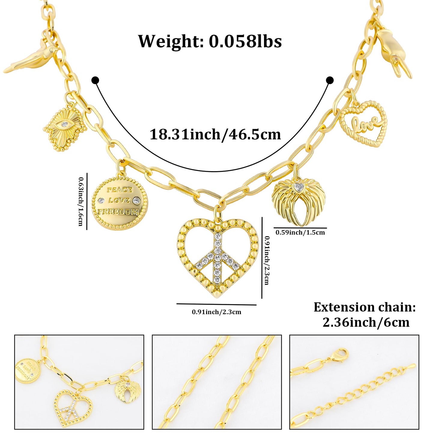 NEKOL Peace Sign Heart Charm Necklace for Women, Vintage Hippie Style Peace Sign Hamsa Angel Wings LOVE Heart Peace Dove Anti War Necklace Retro Boho Party Dressing Accessories Jewelry Gifts