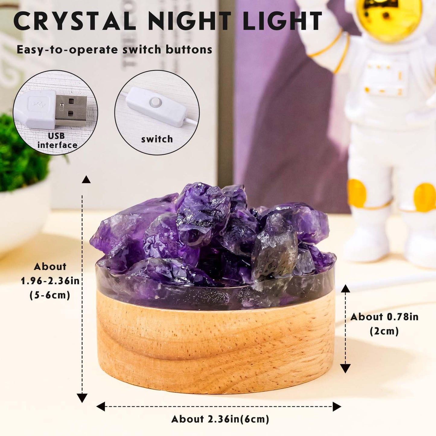 Runyangshi Amethyst Night Light with Natural Raw Crystal - USB Powered Mini Lamp for Bedroom, Desk, Meditation, Healing Crystal Decor with Wood Base, Gift Idea