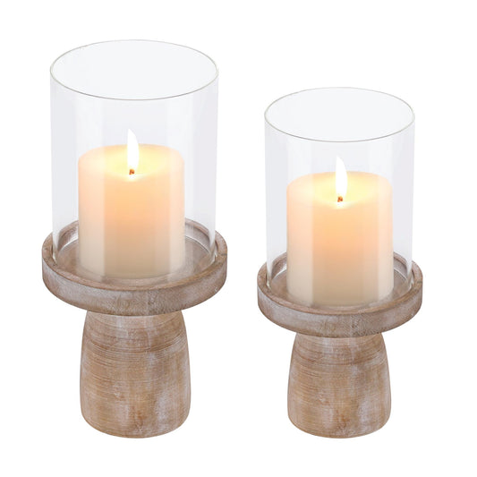 4" & 5" Glass Hurricane Candle Holders with Distressed Brown Solid Wooden Base in Set of 2, Decorative Centerpiece for Home, Coffee Table, Fireplace Mantel, Wedding, Modern Farmhouse Style