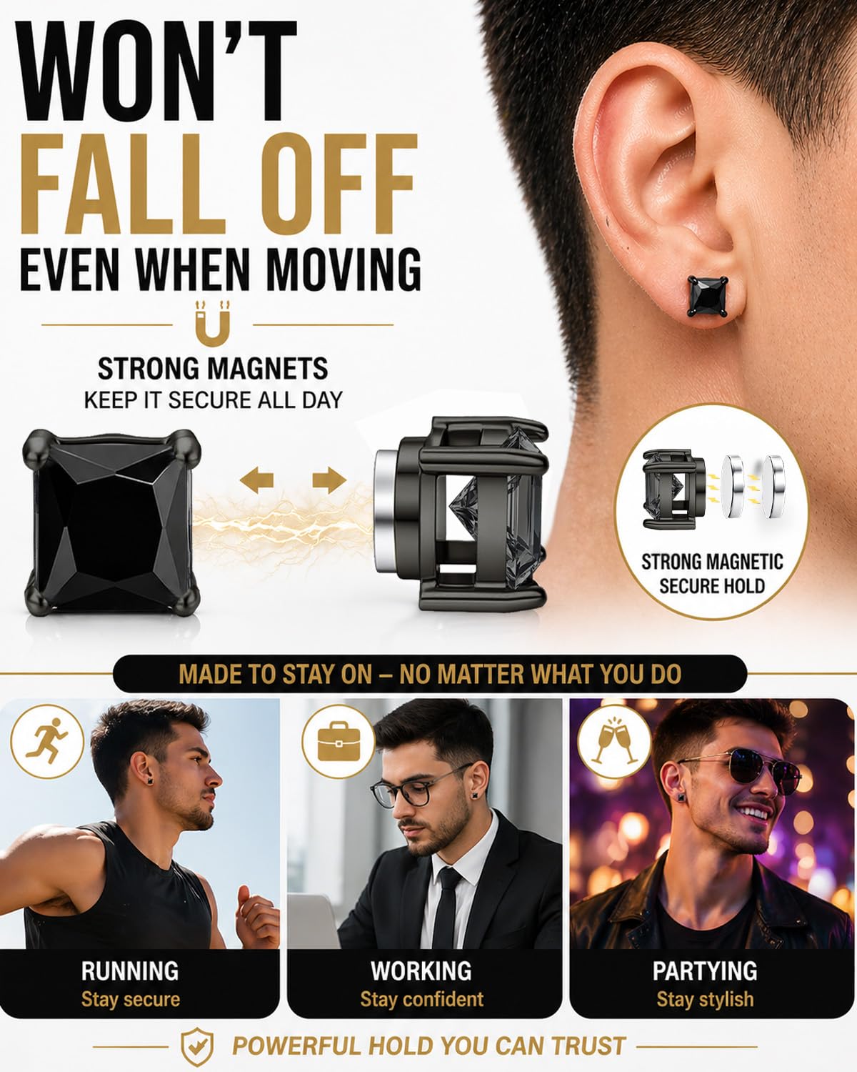 BEFOSHINN Magnetic Stud Earrings for Men and Women, No Piercing Needed, 5 Pairs 316L Stainless Steel CZ Clip On Ear Studs, 8mm Fake Earrings for Non Pierced Ears, Silver Black Gold Rose Gold (5PCS-8MM)