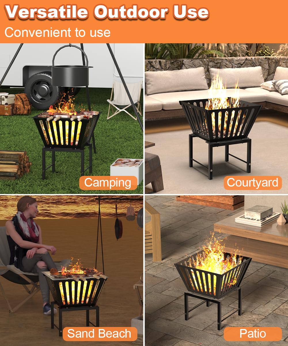 Mondazie Outdoor Fire Pit — 17 Inch Portable with Storage Bag for Camping, Patio Heating, Picnic and BBQ, Trapezoid Vertical Hollow, Black