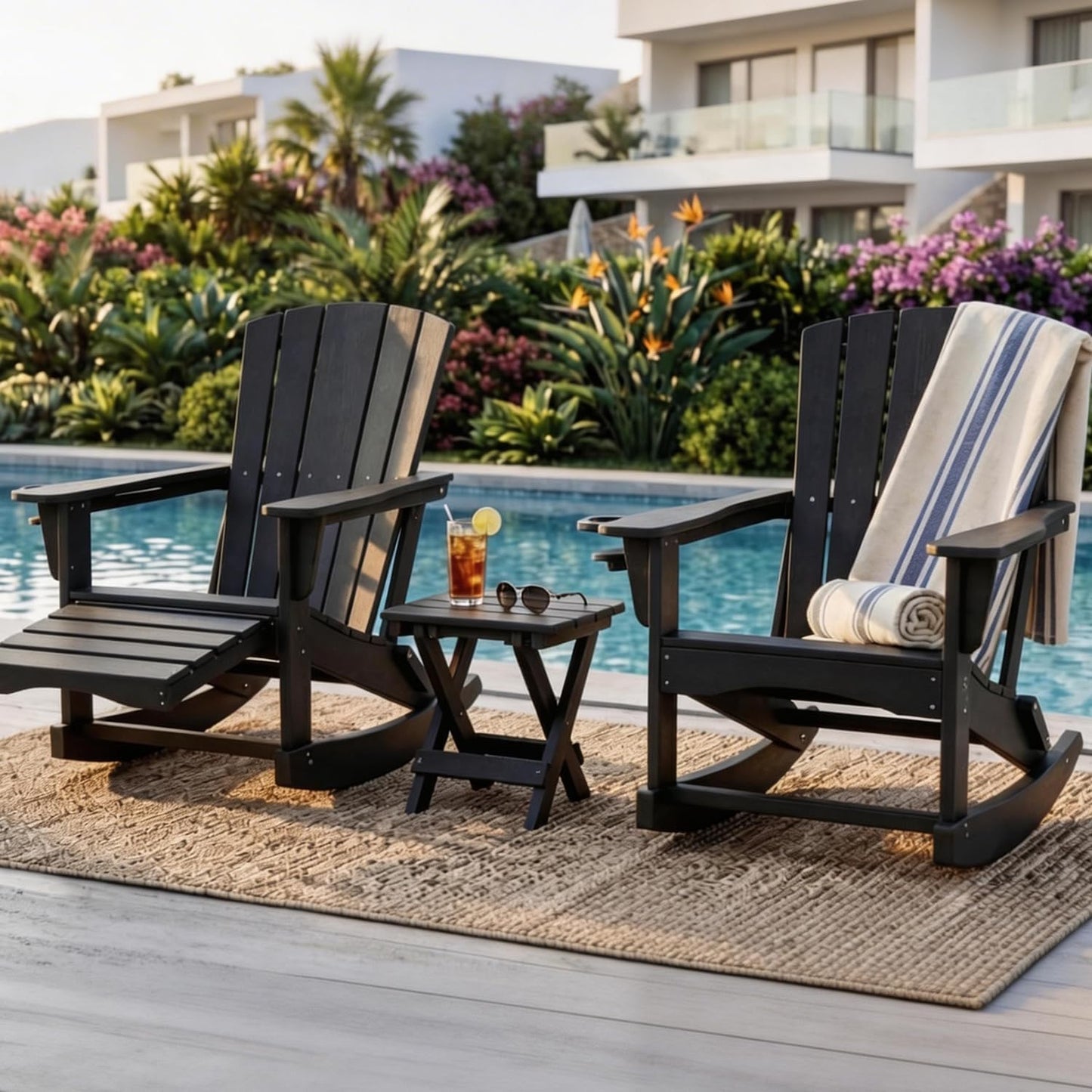 Polyhouz Adirondack Rocking Chair with Retractable Ottoman,Outdoor Folding Adirondack Chair with Cup Holder,HDPE All-Weather Patio Lounge Chair for Porch,Lawn, Poolside, Black