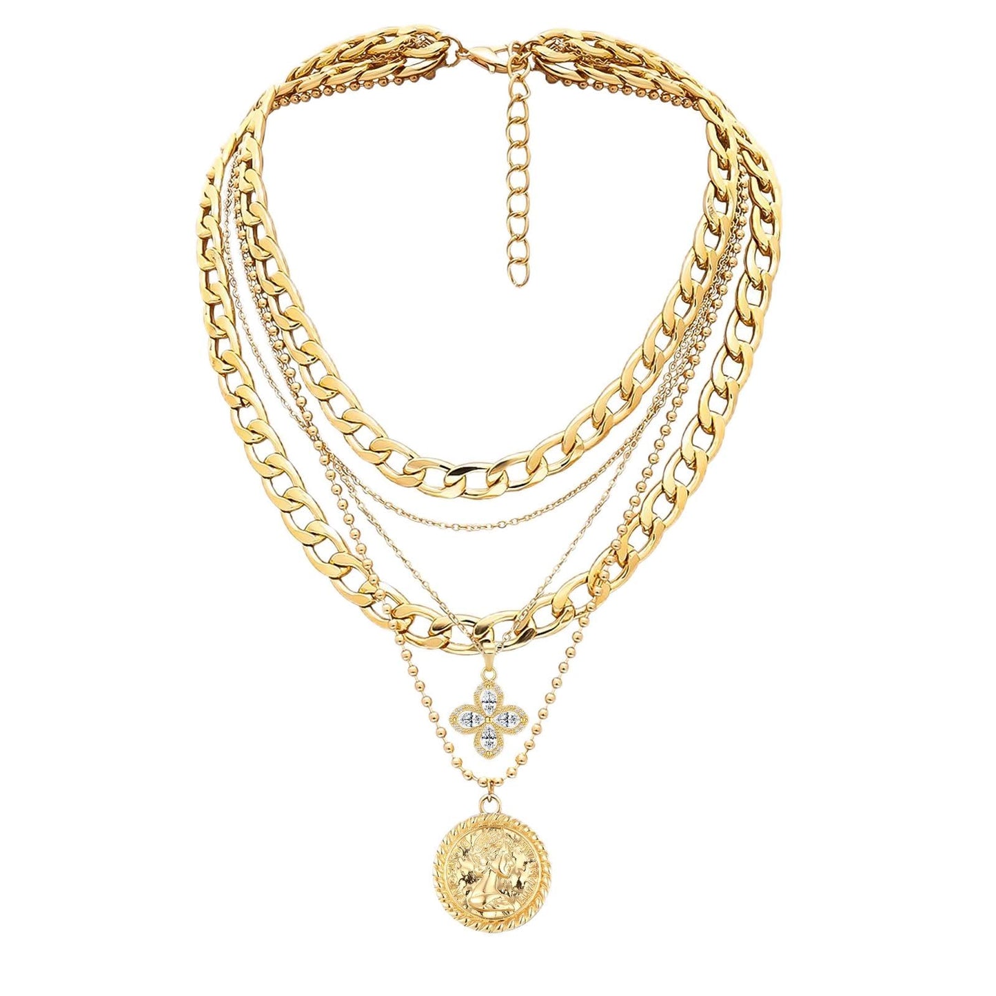 MJartoria Gold Layered Necklaces for Women Trendy Retro Coin Pendant Necklace Dainty Chunky Chain Choker Necklaces for Jewelry Birthday Gifts (Gold, A-Z-Rotatable Clover+Rhinestone-5 in 1 Layered)
