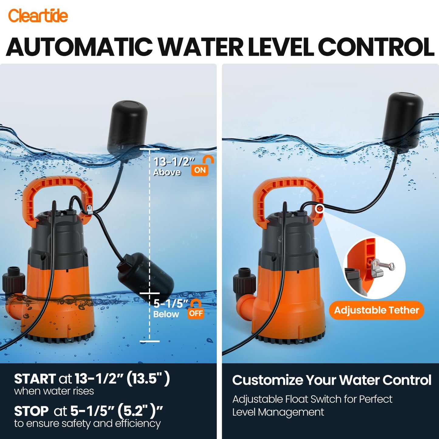 Cleartide Submersible Sump Pump with Tethered Float Switch, 1/2 HP Utility Water Pump, Electric Drain Pump Handles 3/8" Solids, 10 FT Cord