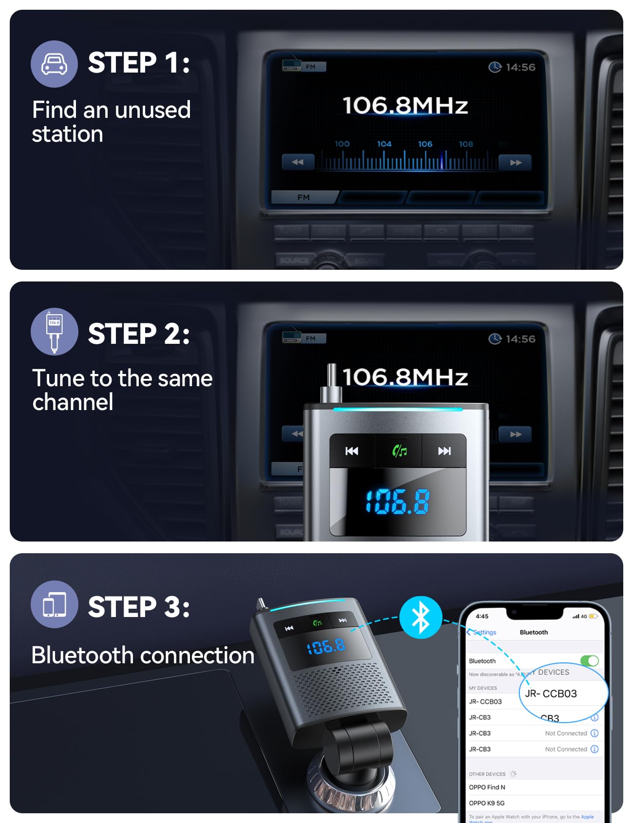 JOYROOM Bluetooth 5.4 Car Adapter FM Transmitter 90W [PD 45W & 45W USB C Retractable Cable] Fast Charging Cigarette Lighter Wireless Music Adapter Hands-Free Calling Radio Support USB Drive