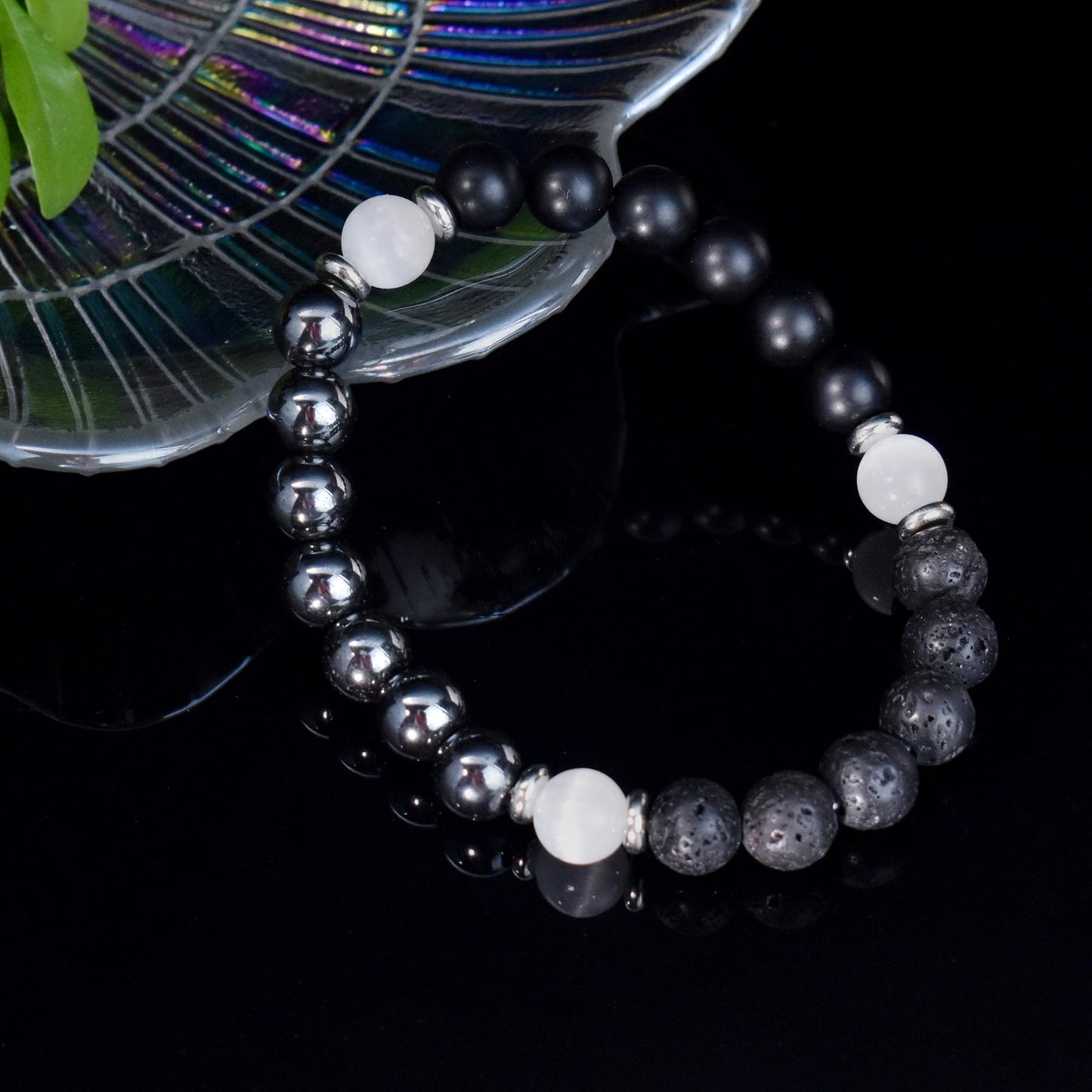 Ayriwoyi Protection Bracelet Black Onyx Agate Bracelet Healing Crystal Stone Beaded Bracelet Selenite Hematite Anxiety Bracelet for women Stretch Bracelets