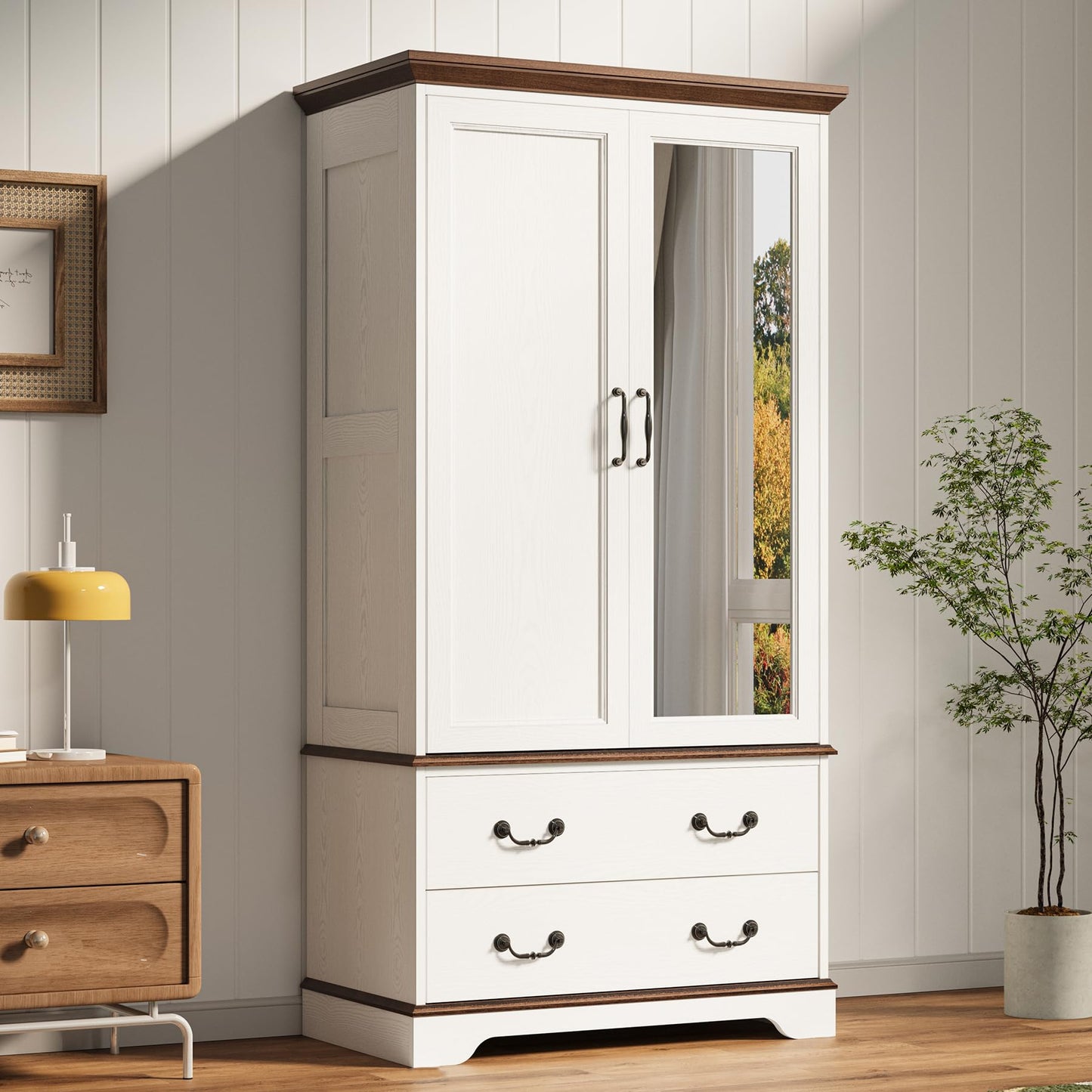 LIKIMIO Armoire Wardrobe Closet with Mirror, 70.1" Wooden Clothing Storage Cabinet with 2 Doors & 2 Drawers, Modern Bedroom Freestanding Wardrobe Combination with Hanging Rod, Cherry with White