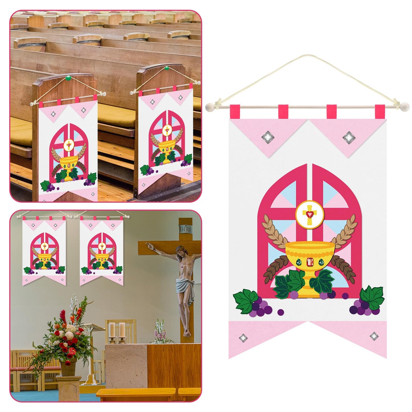 HunnmingRe First Communion Banner Kit for Girls and Boys, 12 x 18 Inches 1st Holy Communion Banner Kits Felt Catholic Gifts for Sunday School DIY Arts and Crafts(Stylish)