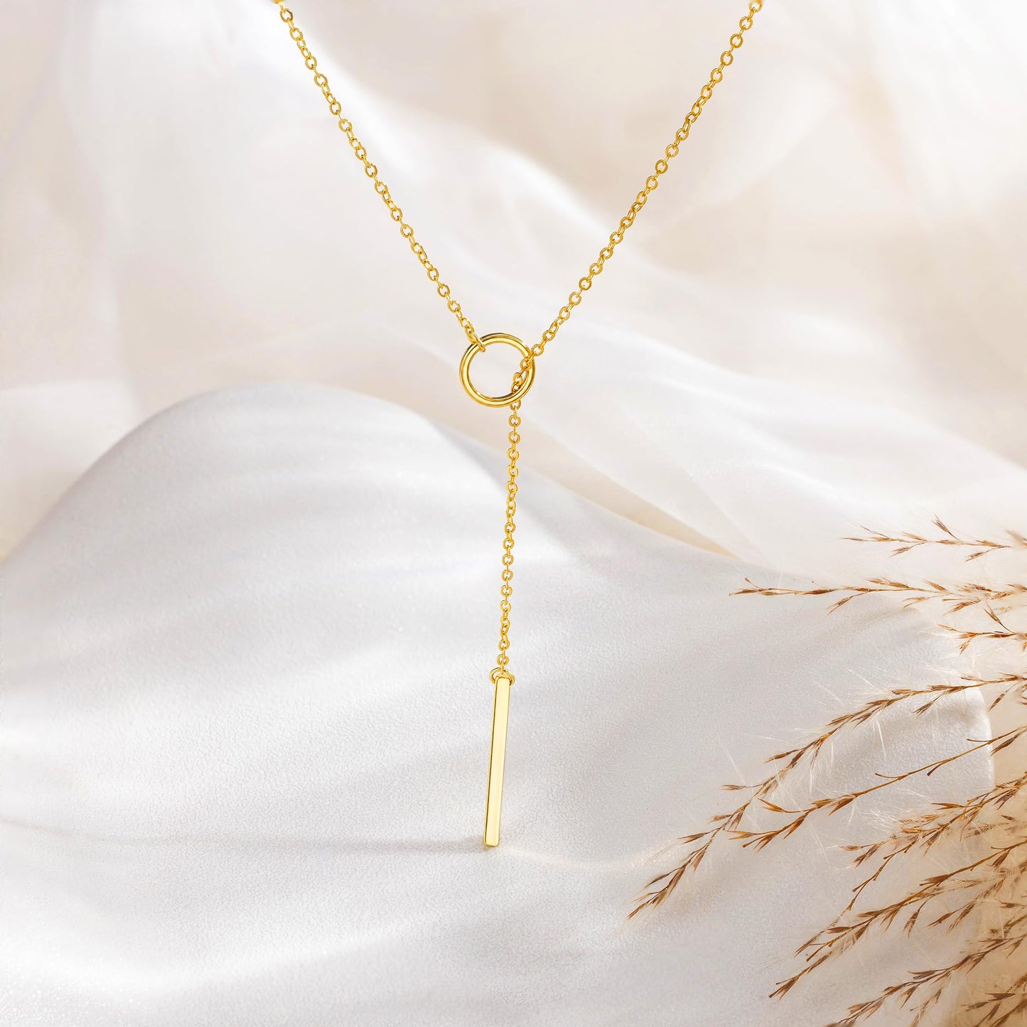 Tewiky Circle Bar Necklace for Women, Dainty Gold Lariat Necklace 14k Gold Drop Y Necklace Simple Gold Necklaces for Women Trendy Delicate Gold Necklaces Aesthetic Jewelry for Women