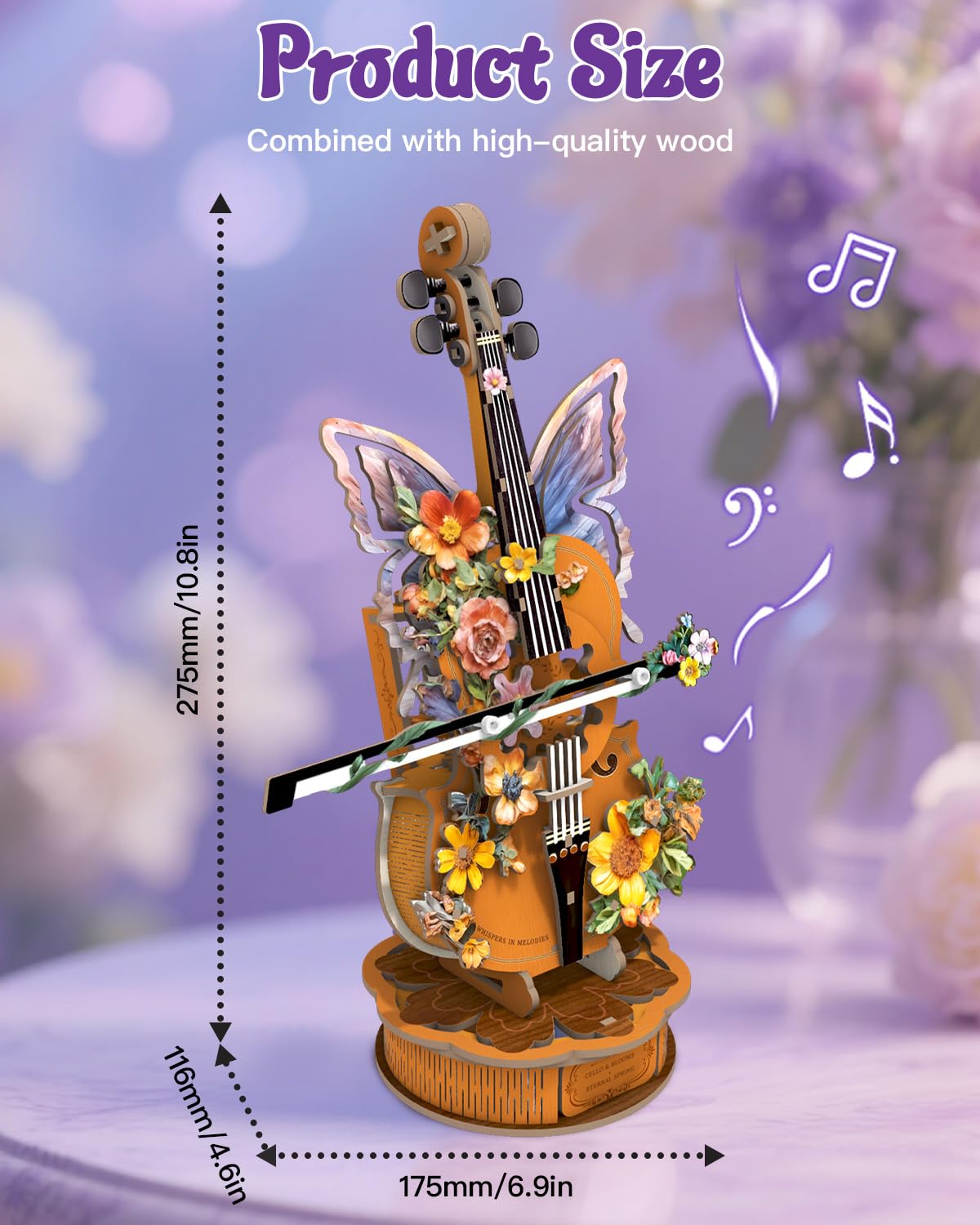 Rnfinewow 3D Puzzles for Adults, Mechanical Wooden Cello Music Box Puzzles, DIY Flower Music Box Cello Crafts Model Kits Home Decor for Holiday Birthday Gifts Hobbies