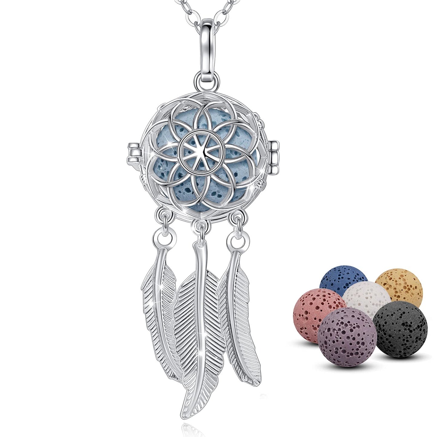 INFUSEU Dreamcatcher Necklace Aromatherapy Gifts Essential Oil Diffuser Lava Rock Stone Pendant Native American Indian Jewelry for Women Dream Catcher Feather Spiritual Meditation Items