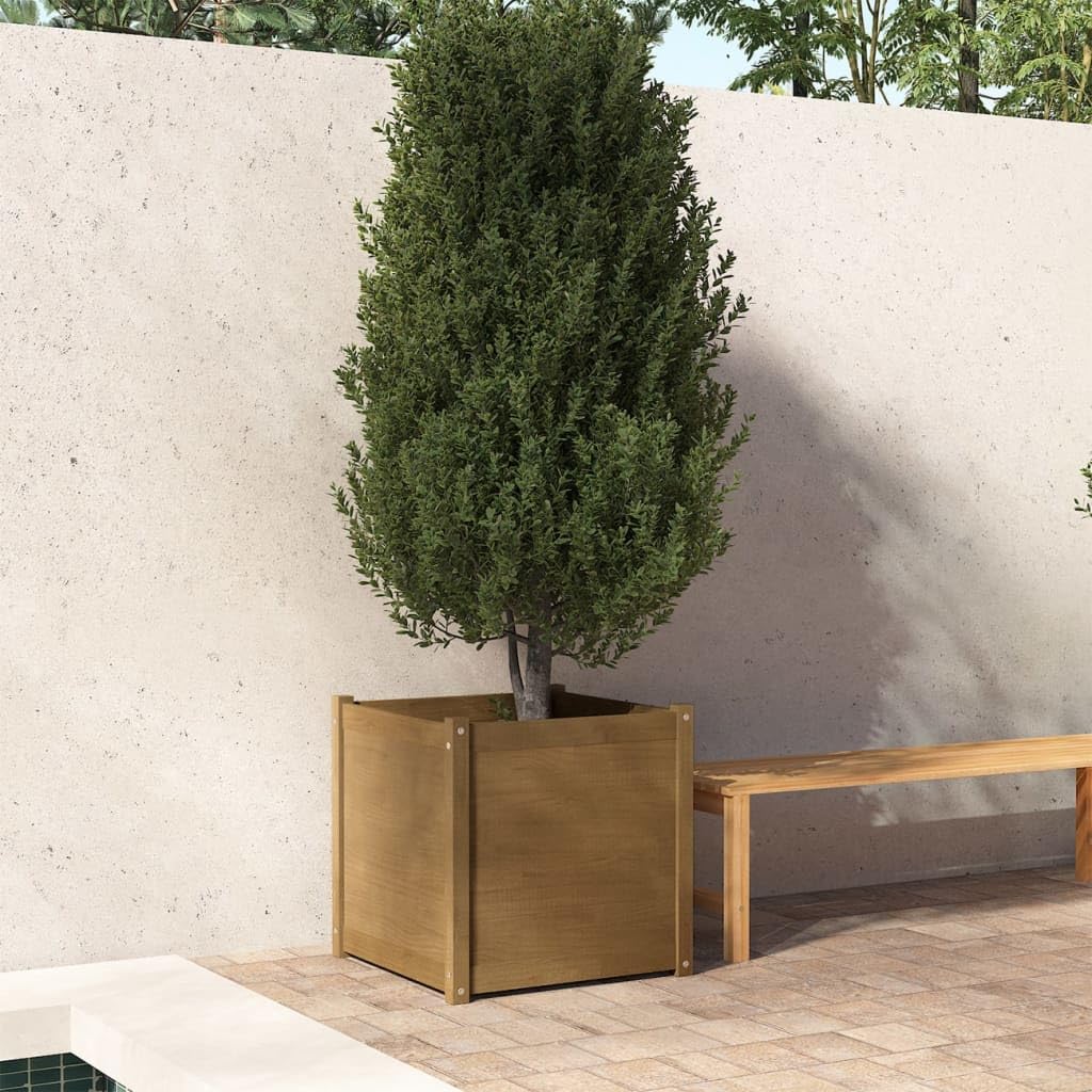 MBDRKVGF Large Square Garden Planter Box, Rustic Solid Pine Wood Flower Bed for Outdoor Patio, Terrace, and Backyard, Honey Brown, 23.6 Inch