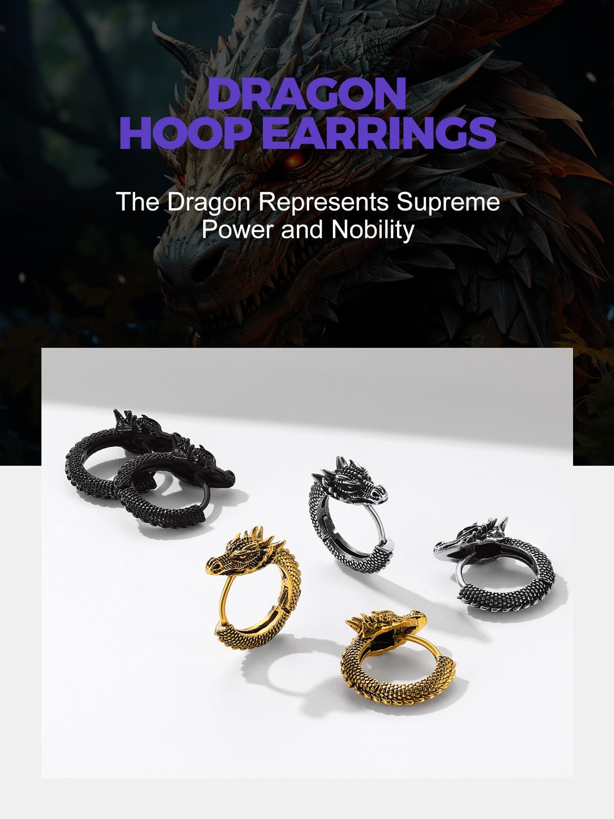 Richsteel Punk Dragon Hoop Earrings for Men & Women - Stainless Steel Gothic Jewelry, Huggie Statement Hoop Earrings