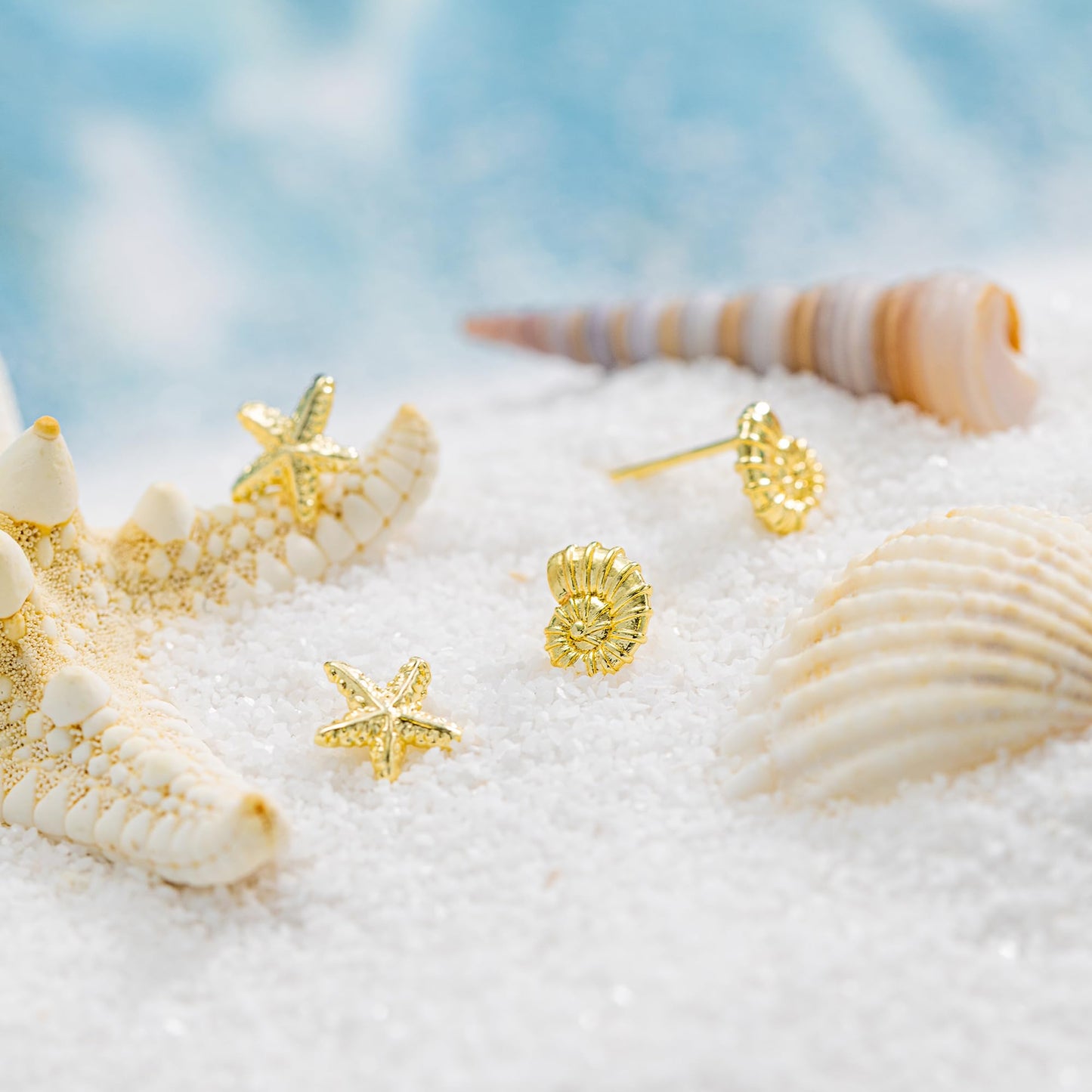 Plenky Gold Earrings for Women - 2 Pairs 14K Gold Plated Small Starfish and Conch Shell Stud Earrings Set Summer Beachy Jewelry for Women Gifts