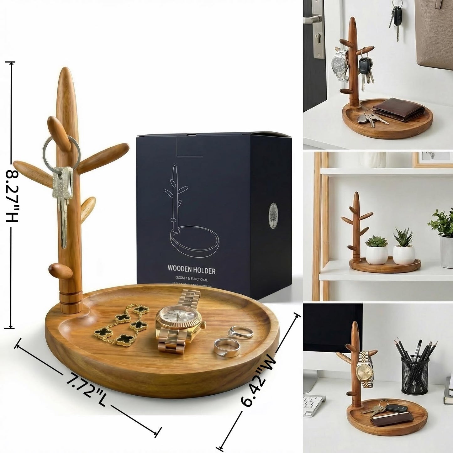 LEASUR Solid Acacia Key Tray, Jewelry Tray with Ring Holder Dish, Organizer for Entryway Table Dresser Nightstand Bathroom, Decorative Wooden Room Decor Gift for Women Men