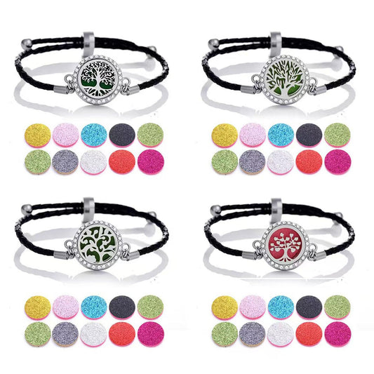4-Piece Tree of Life Essential Oil Diffuser Bracelet Set - Adjustable Aromatherapy Bracelets Stylish Openwork Tree Pattern Jewelry Unisex Gift Set