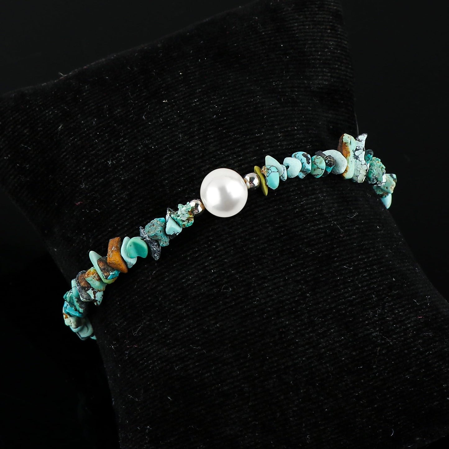 CRYSTALIS Natural Turquoise Beads Slider Bracelet with Elegant Pearl, High Grade Nuggets Crystal, Chakra Healing Gemstone, Gift Giving Women Jewelry, Silver Slider 10 inch