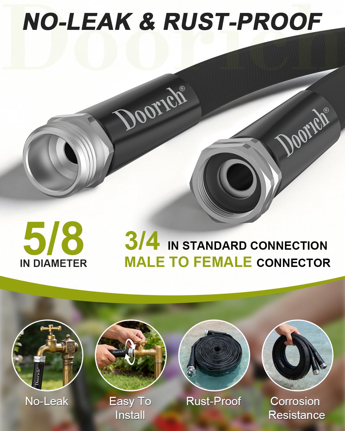 Doorich Garden Hose, Lightweight, Ultra Flexible, Durable, Kink-Free Water Hose - Made of TPU, Drinking Water Safe Material, Non-Shrinking, Easy to Store, All-Weather, Black (50 FT)