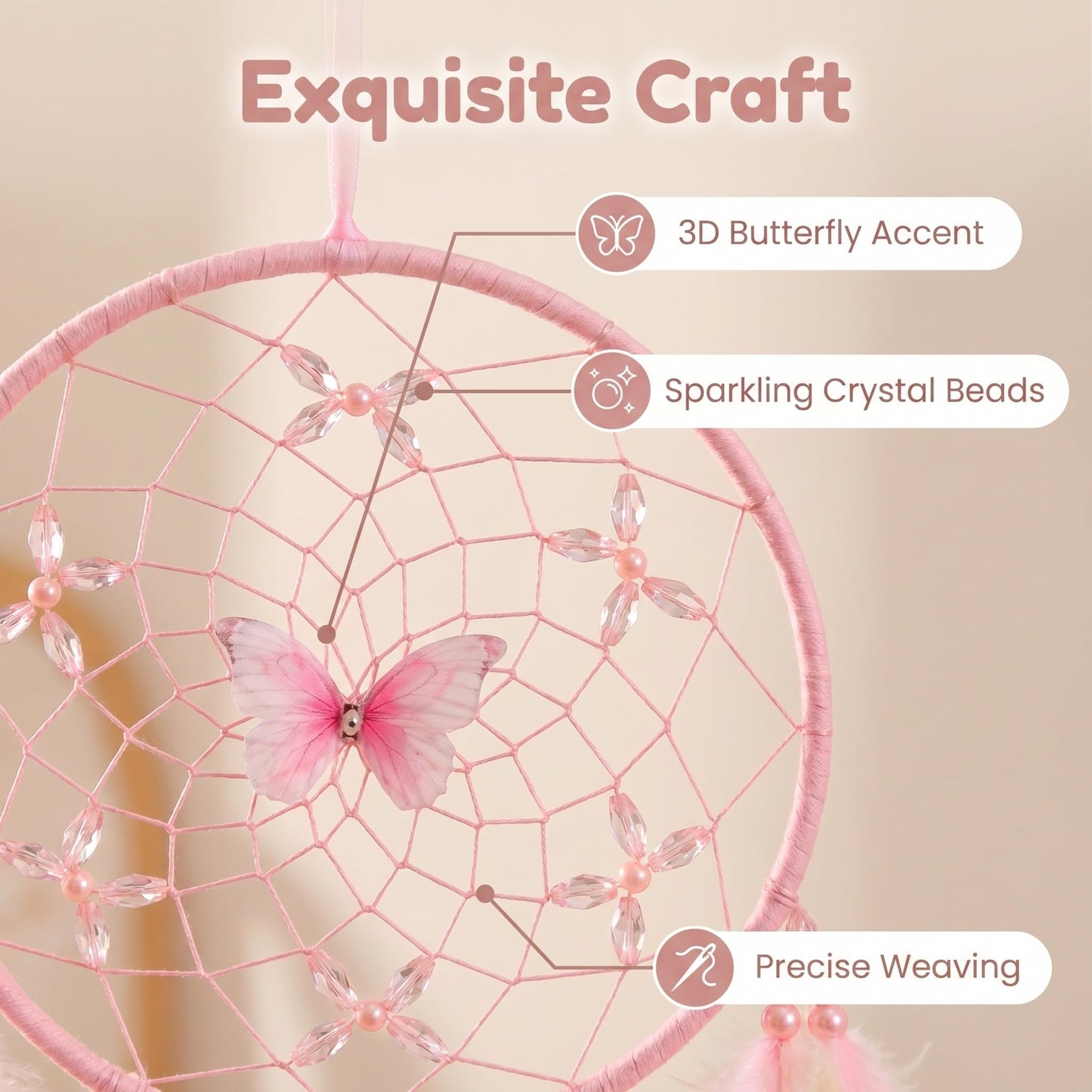 Zenwizvoy Pink Dream Catcher, Handmade Boho Wall Decor with Feathers and Butterfly, Dream Catcher for Bedroom, Nursery, Wall Hanging Ornament, Gift for Girls, Women