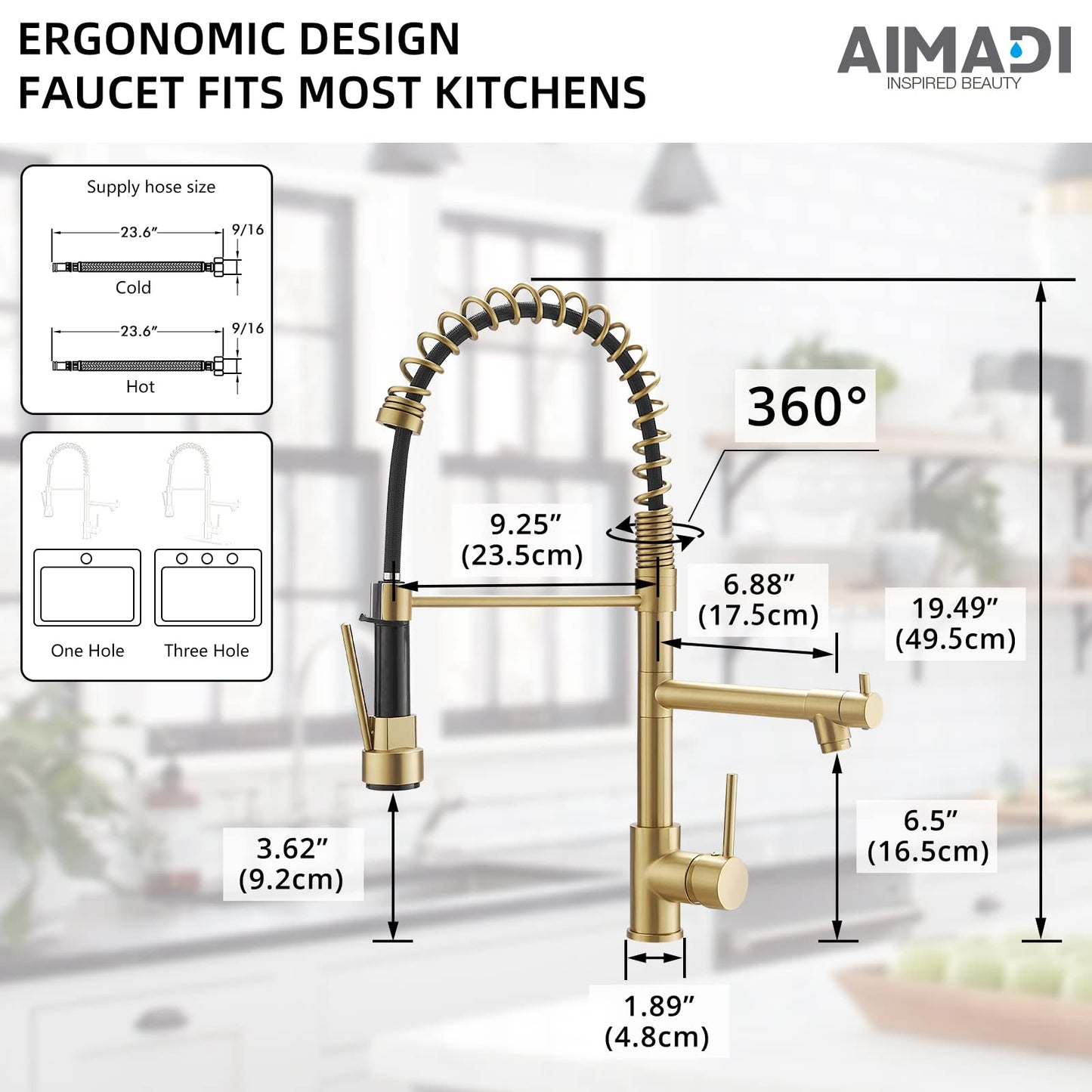 Brushed Gold Kitchen Faucet with Pull Down Sprayer, AIMADI Commercial Gold Kitchen Sink Faucet Single Handle Spring Two Nozzles Faucets