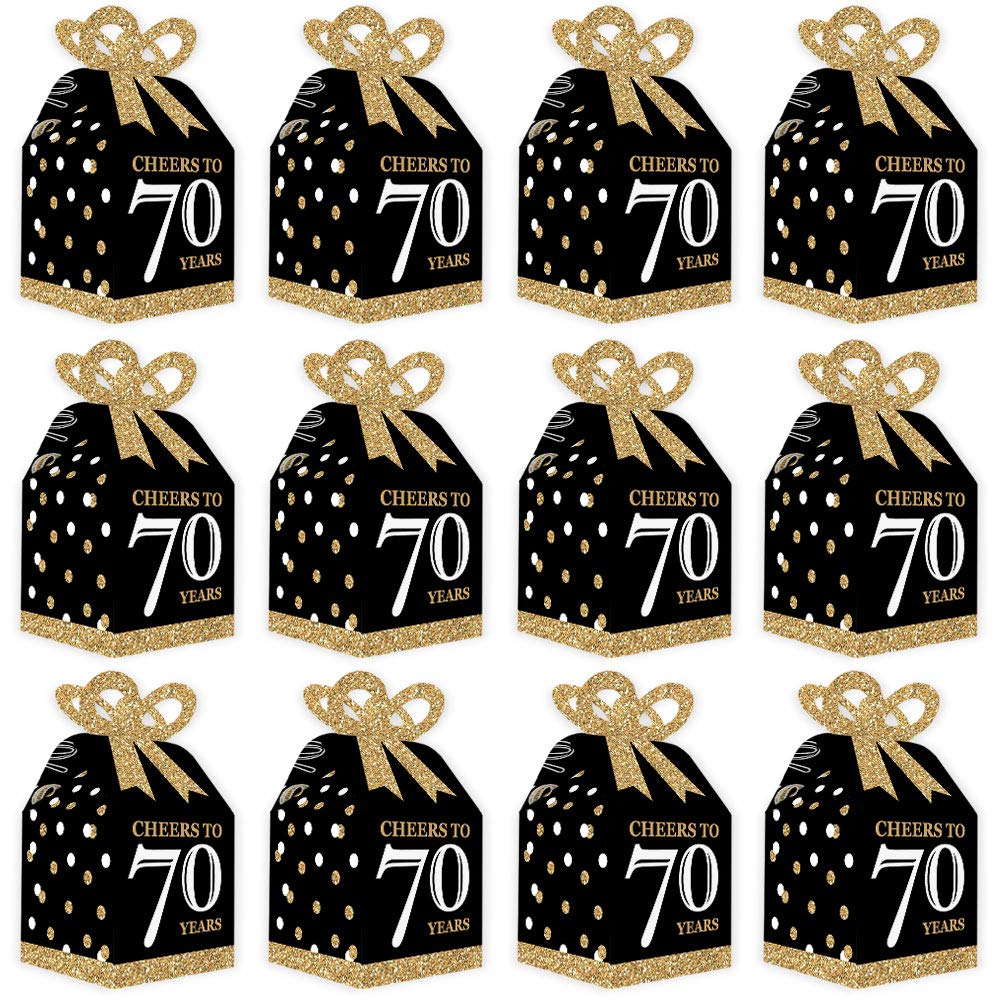 Big Dot of Happiness 70th Birthday Party Favor Gift Boxes - Elegant Gold Square Design with 3D Bow Top - Premium Cardstock Party Supplies for Milestone Celebration, Bow Boxes, Set of 12 Decorative Boxes - 70 Years