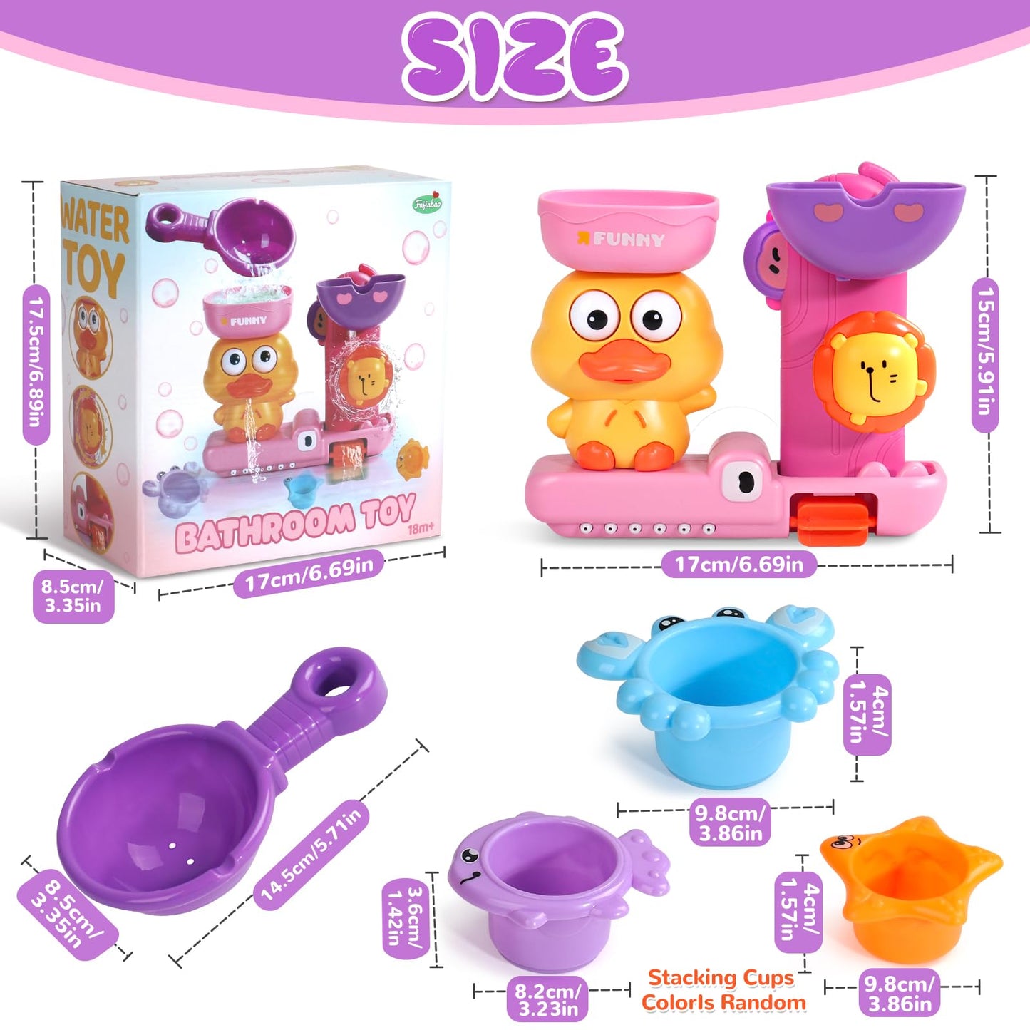 Baby Bath Toys for Kids Ages 1-3 Interactive Toddler Bath Toys Duck Learning Mold Free Shower Tub Toys for 1+ Year Old Girl Gifts with 3 Stacking Cups & 1 Water Spoon(Pink)