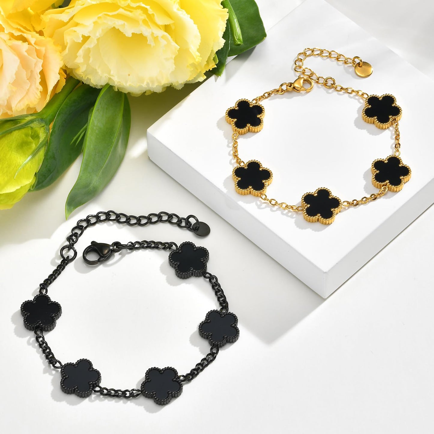 VNOX 2 PCS Floral Bracelets for Men Women -Womens Mens Stainless Steel Gold Cuban Chain Link Bracelet Lucky Charm Four Clover Flower Bracelets Trendy Jewelry Gifts，8