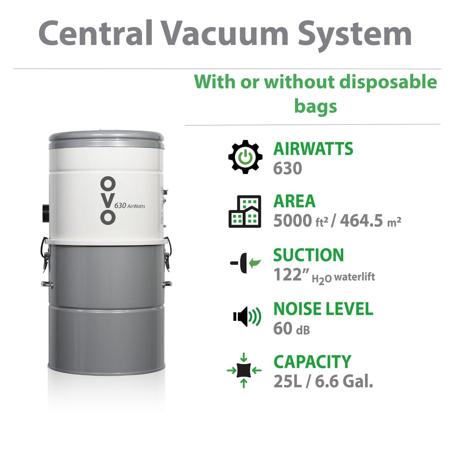 OVO Large and Powerful Central Vacuum System, Hybrid Filtration (with or Without Disposable Bags), 25L or 6.6 Gal, 630 Airwatts + 30 ft Premium Deluxe Plus Accessory Kit