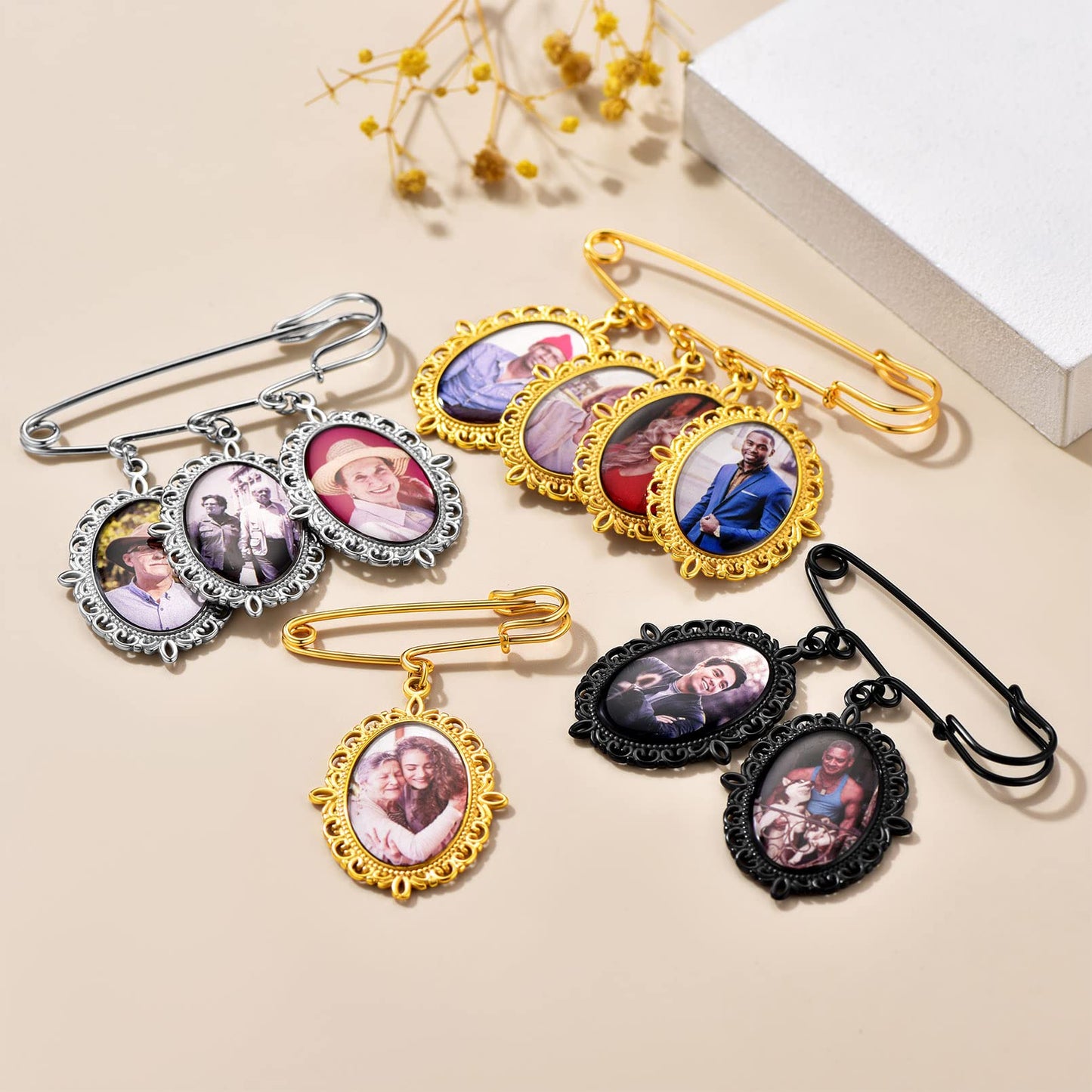 Custom4U Bridal Bouquet Photo Charms Customized Memory Oval Charm for Wedding Funeral Boutonniere Pictures Brooch Pins