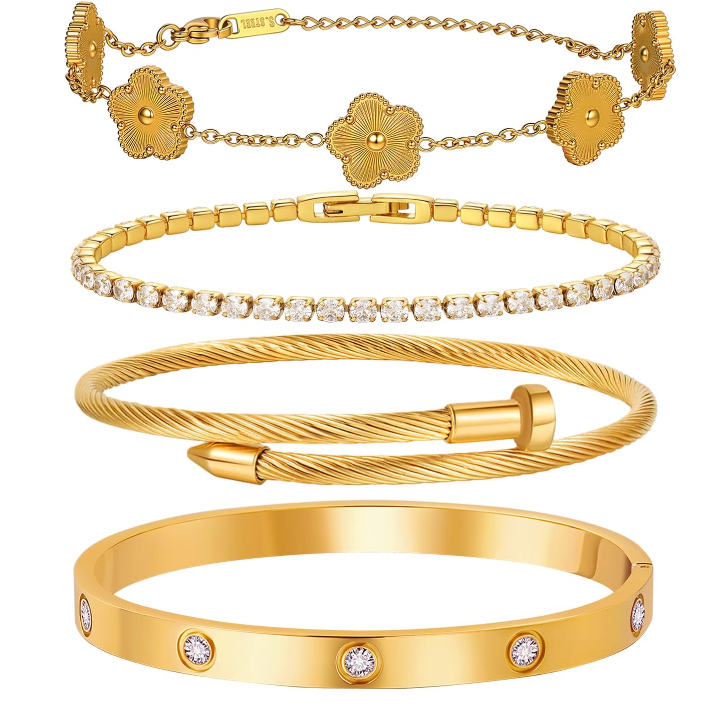 MVCOLEDY 18 K Gold Plated Love Bracelet Stack for Women 4-Piece Bracelet with Synthetic Shell Floral Clover Chain, Tennis Chain and Crystal Gold Bangle, Love Bracelet Design Gift Jewelry for Valentines Mother's Day (Gold)