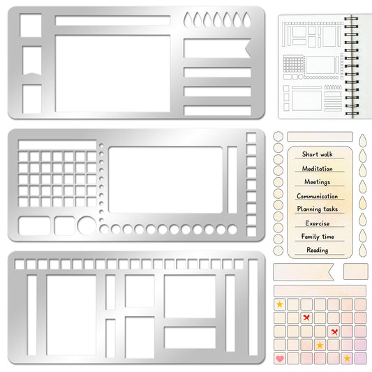 3 Pcs Record Template Metal Planner Stencils for Journaling 5.2X2.3 Inch Flexible Journal Template Stainless Steel Calendar Stencil for Weekly Spread Checklist Drawing DIY Crafts Supplies