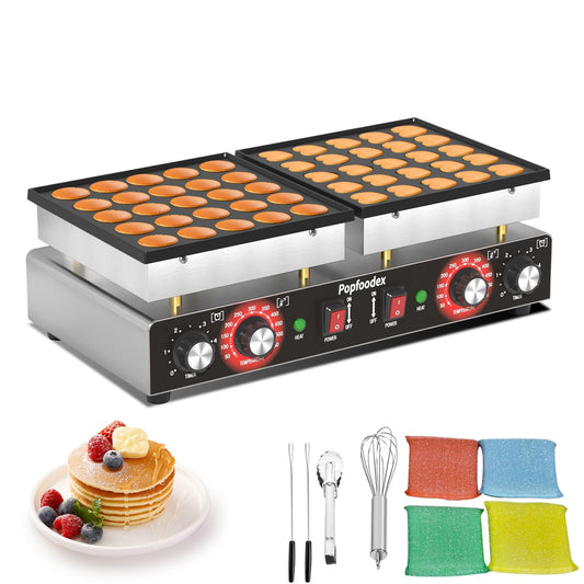 POPFOODEX 110V Mini Pancake Maker, 50PCS Commercial Dutch Pancake Griddle w/Non-Stick Coating, Pancakes Maker Machine With 2 Thermostats & 2 Timers, Suitable for Home Kitchens, Restaurants, Snack Bar