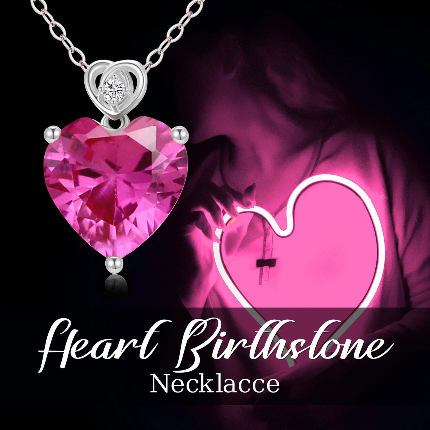 NFYBD 14k White Gold Love Heart Tourmaline Birthstone Pendant Necklace for Women 3 Carat Heart-cut Created Gemstone Anniversary Birthday Mother's Day Necklaces for Her-oct
