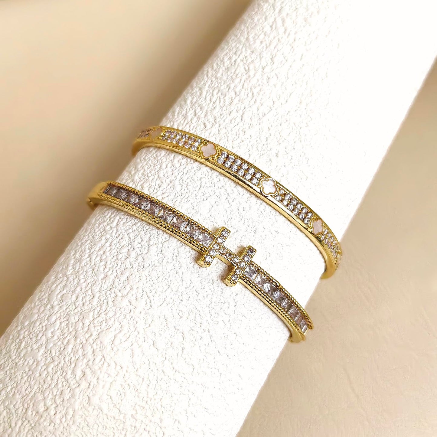 14K Gold Plated Love Bracelets Set for Women Clovers Bangle Letter H Bangle Cubic Zirconia Bracelet 2Pcs Stackable Bracelet Set Trendy Gifts for Women