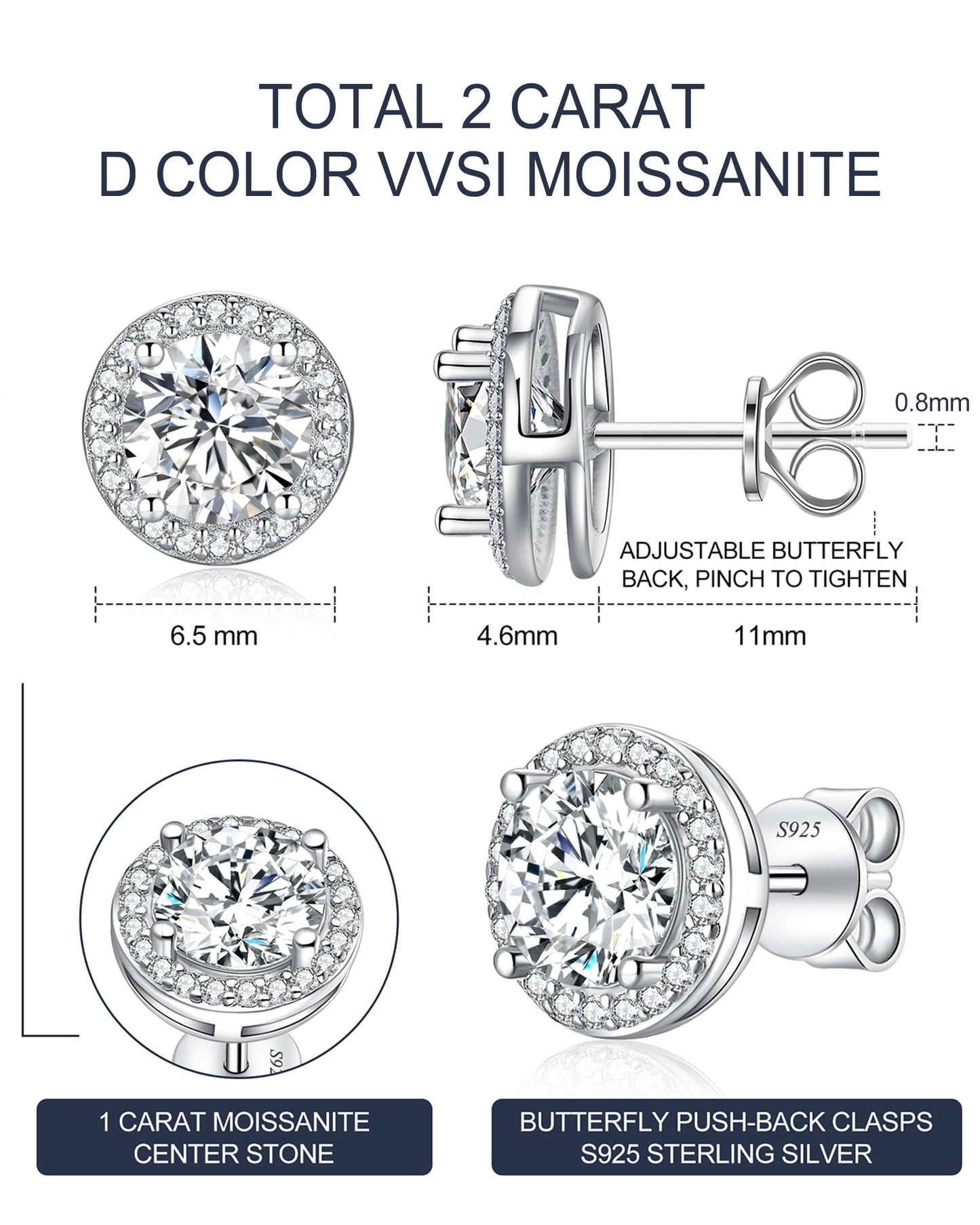 N9NEMUSES Moissanite Stud Earrings, 1 Carat Round Cut D Color VVS1 Clarity Lab Created Moissanite Earrings Studs 18K White Gold Plated 925 Sterling Silver Halo Earrings Jewelry Gifts for Women Men