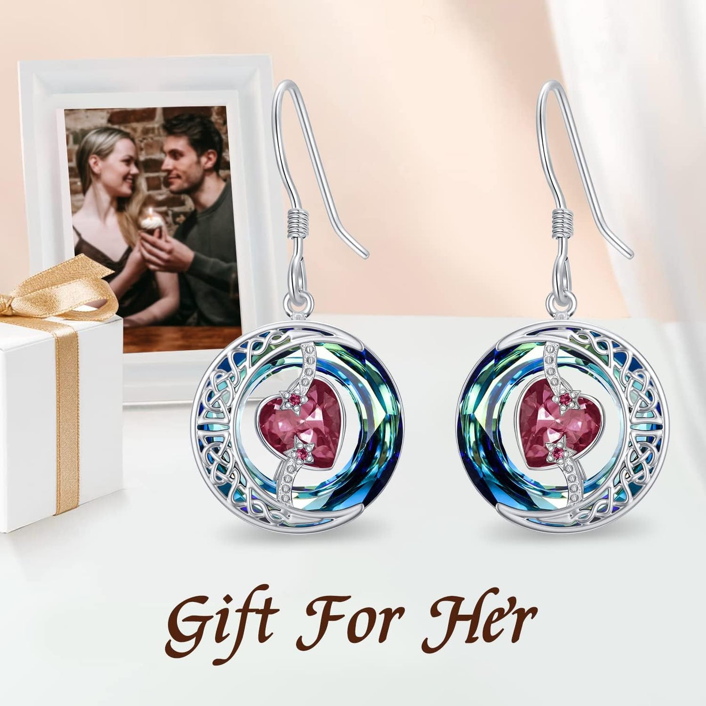 TOUPOP Ruby Earrings July Birthstone Earrings Sterling Silver Moon and Star Drop Dangle Earring Jewelry Blue Crystal Birthday Mothers Day Gifts for Women Mom Her