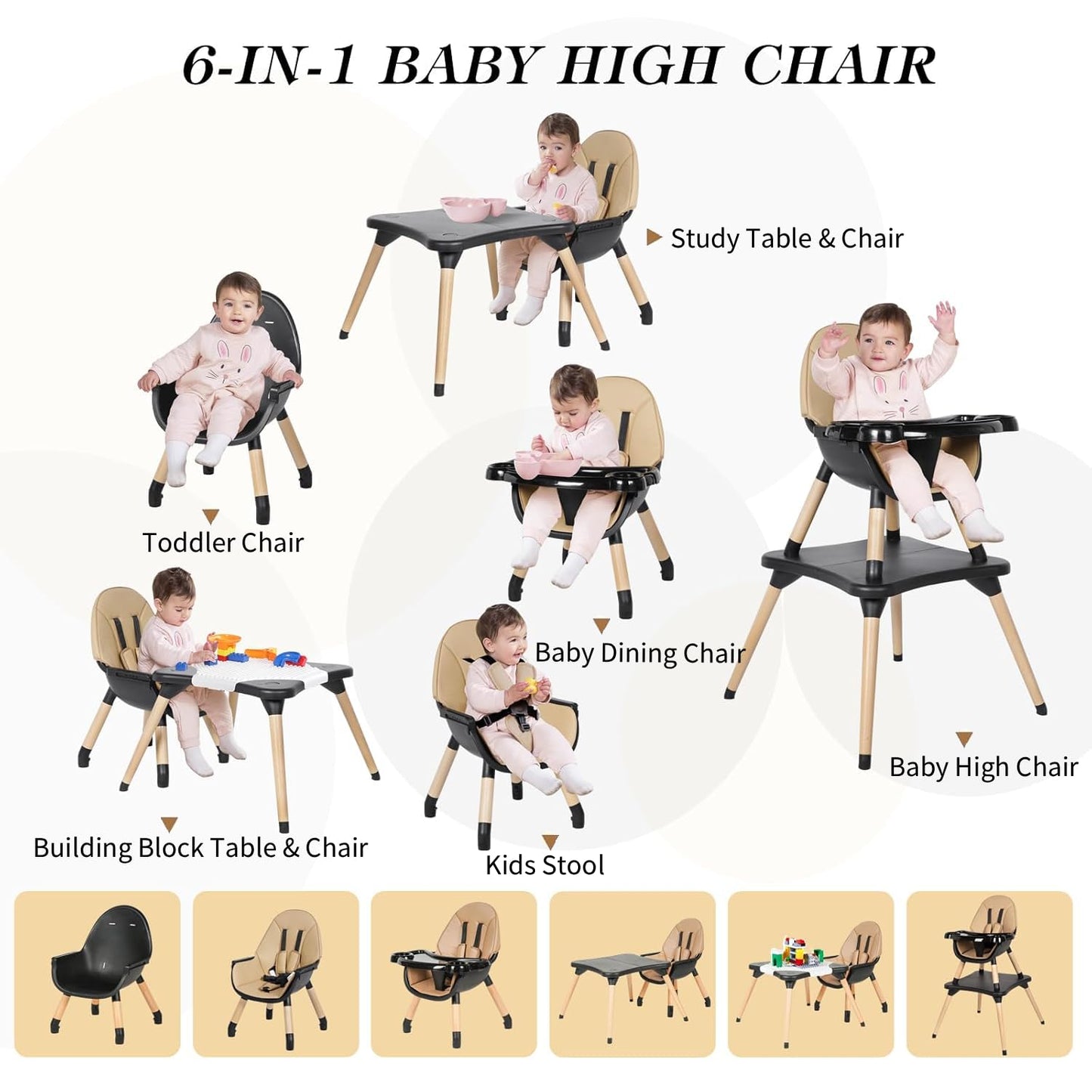 6 in 1 High Chair for Babies & Toddlers, Convertible Wooden Baby Highchair, Table and Chair Set, Baby Feeding Chair, 5-Point Adjustable Harness/4-Position Removable Tray& PU Seat Cushion (Black)