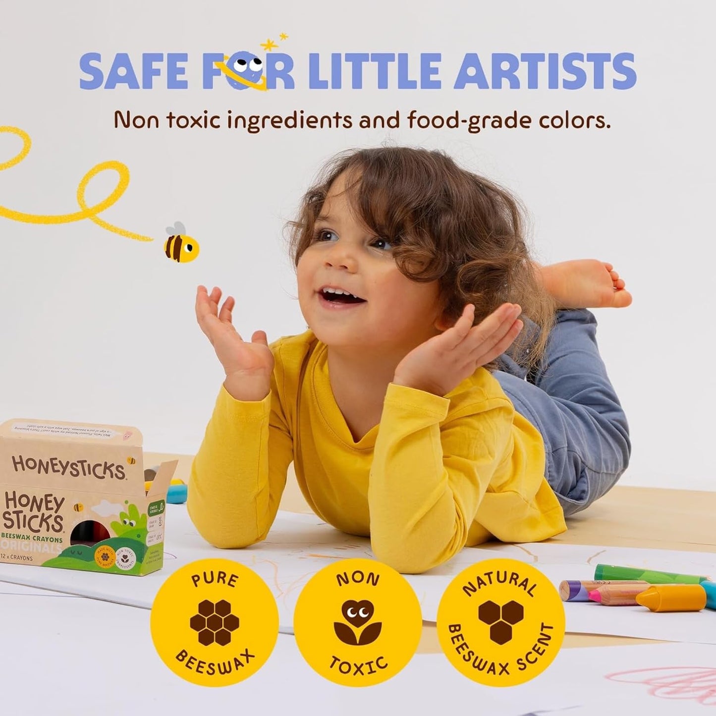 Honeysticks 100% Pure Beeswax Crayons (12 Pack) - Non Toxic Crayons for Toddlers 1-3, Safe for Baby from 1 Year Old Plus, Handmade with Natural Beeswax and Food-Grade Colors, Eco Friendly
