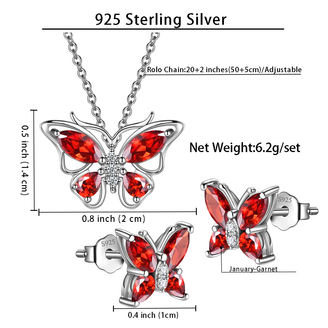 Hipunk Butterfly Red Jewelry Sets Birthstone Women 925 Sterling Silver January-Garnet Birth Stone Animal Butterflies Jewelry Sets/Earring Set Crystal Birthday Jewelry SS0001J
