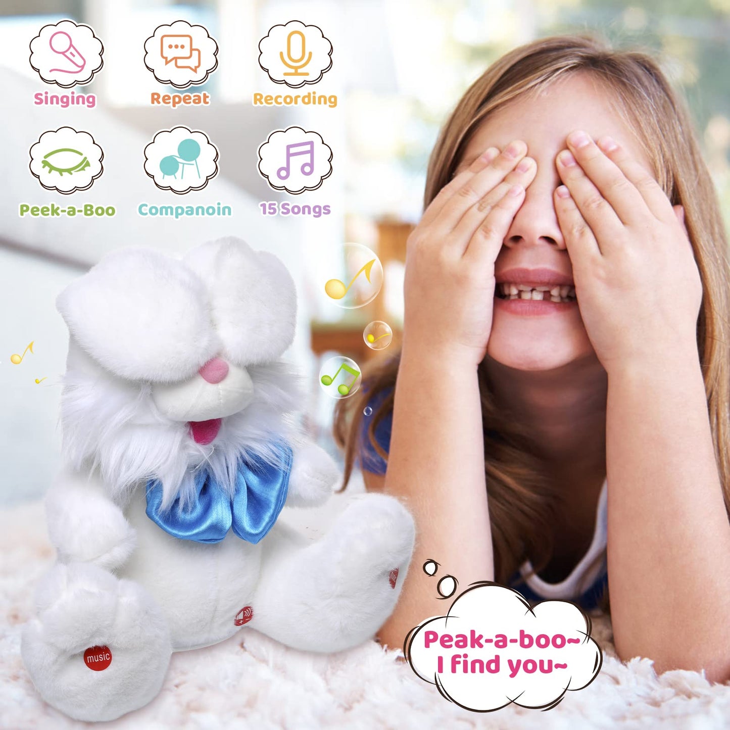 Emoin Easter Bunny Stuffed Animals Bunny Plush Baby Toys Bunny Peek-A-Boo Toys Repeats What You Say Singing with Floppy Ears Birthday Gift for Toddler 7 8 9 10 11 Months 1-2 Year Old（White）