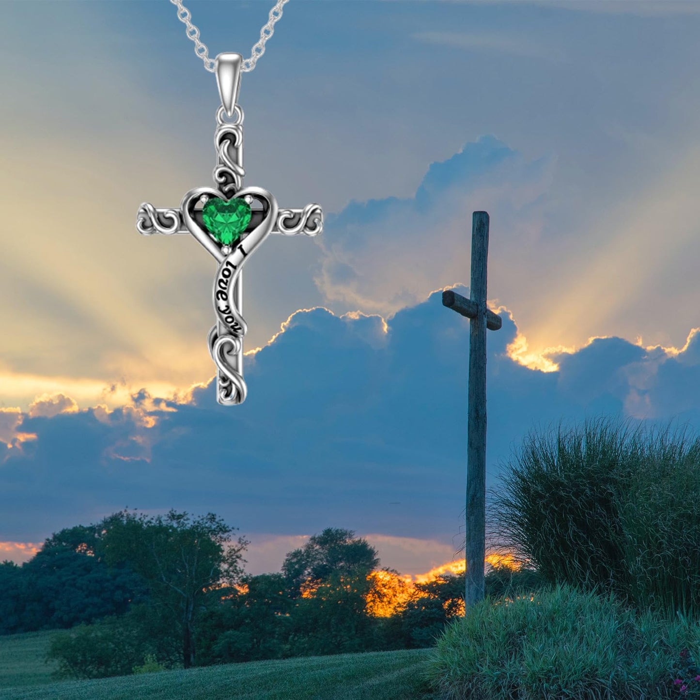 TOUPOP Emerald Cross Necklace for Women Sterling Silver May Birthstone Cross Pendant Necklace Heart Love Jewelry for Her Girlfriend Wife Mom Anniversary Birthday Mothers Day Gifts