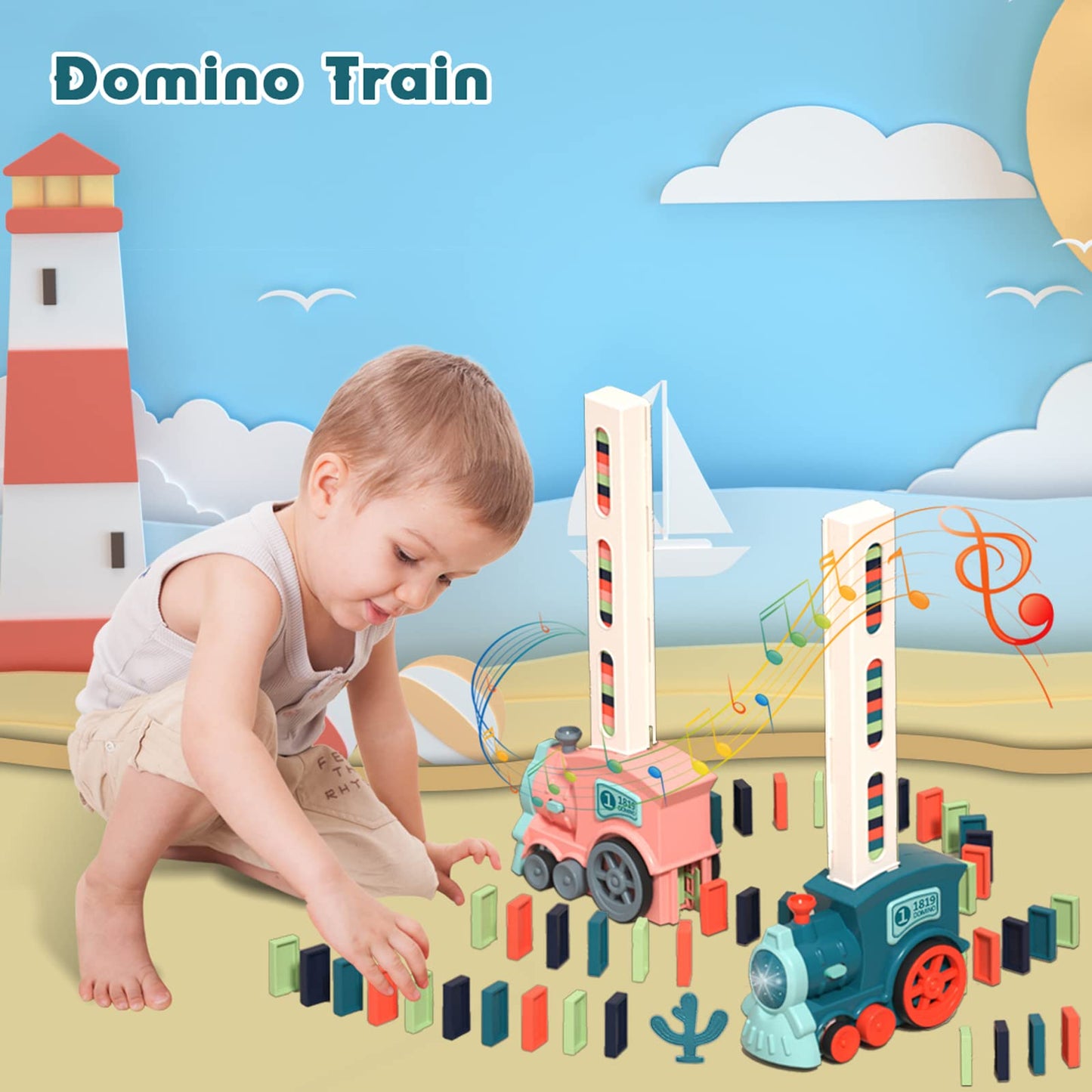 Noaideoi Domino Train Toy Set for Kids, Automatic Dominoes Blocks Building and Stacking Toys Creative Kids Games Early Education Christmas Birthday Gift Boys Girls Age 3 4 5 6 7 8 Year Old (Cyan)